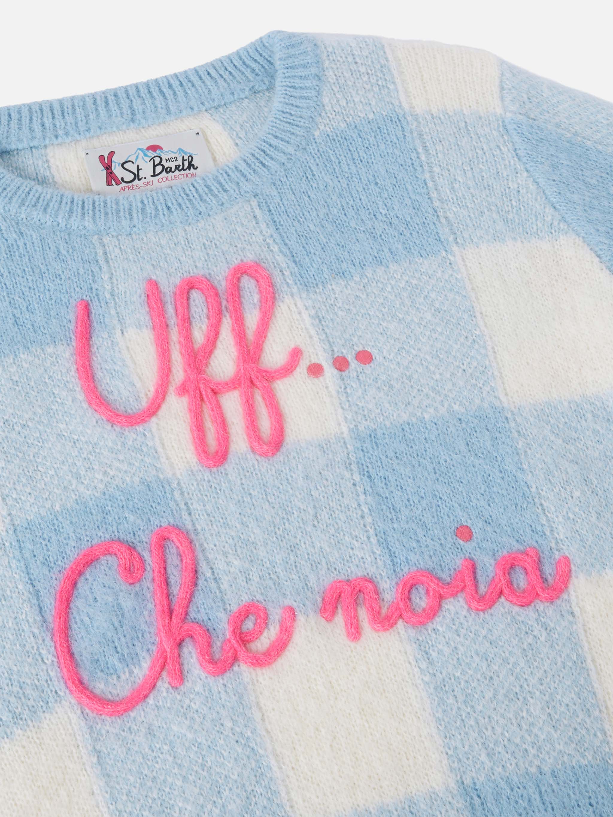 Crewneck sweater with check jacquard and Uff… che noi embroidery - Image 2