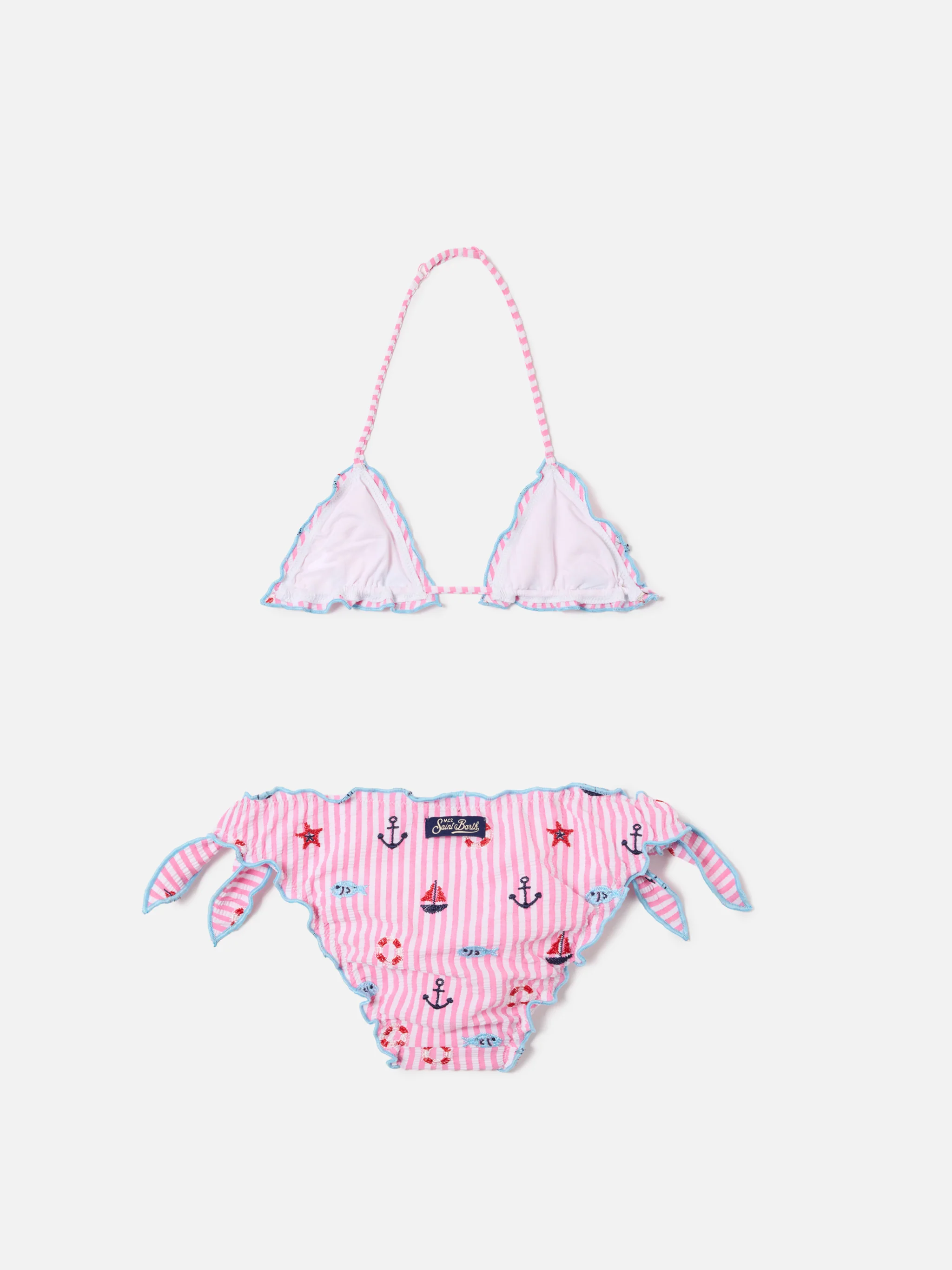Cris pink and light blue seersucker striped bikini with embroidered details - Image 2