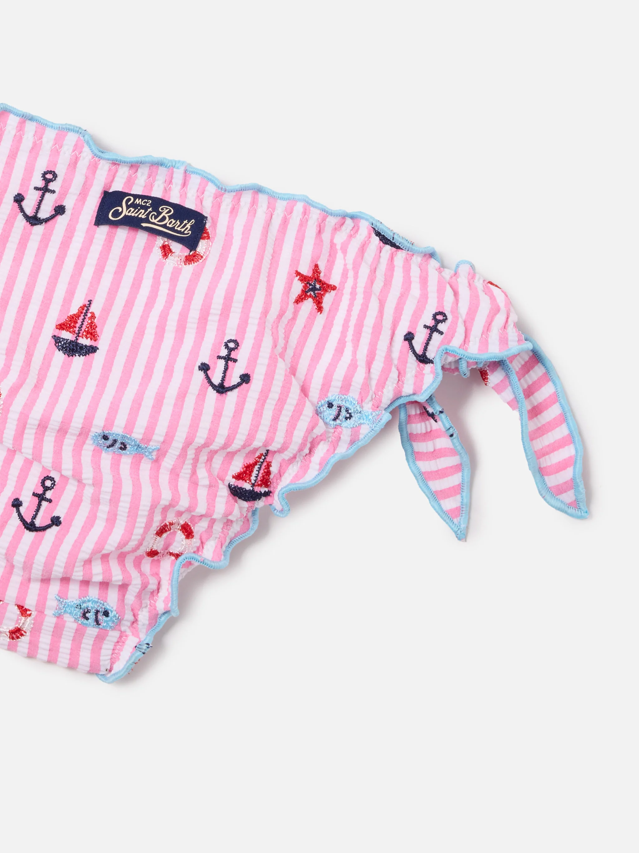 Cris pink and light blue seersucker striped bikini with embroidered details - Image 3