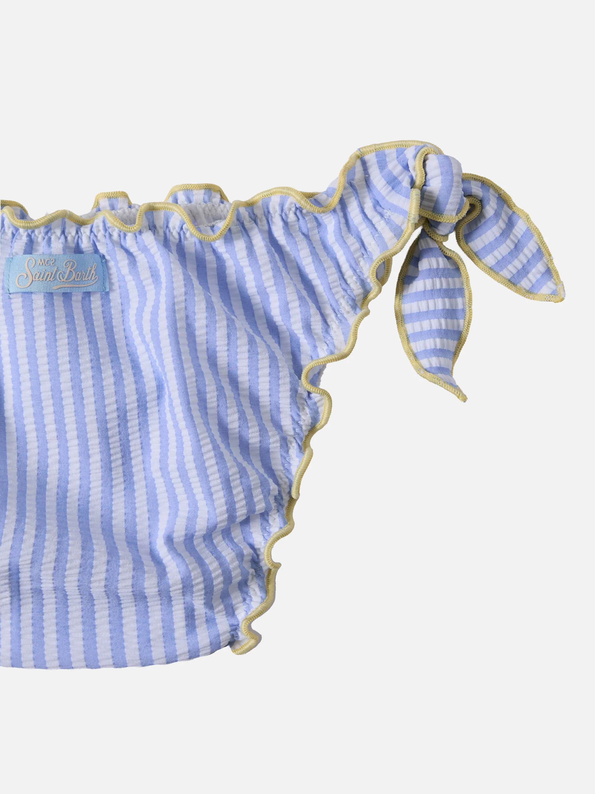 Cris light blue and yellow seersucker striped bikini with ruffled edges - Image 3