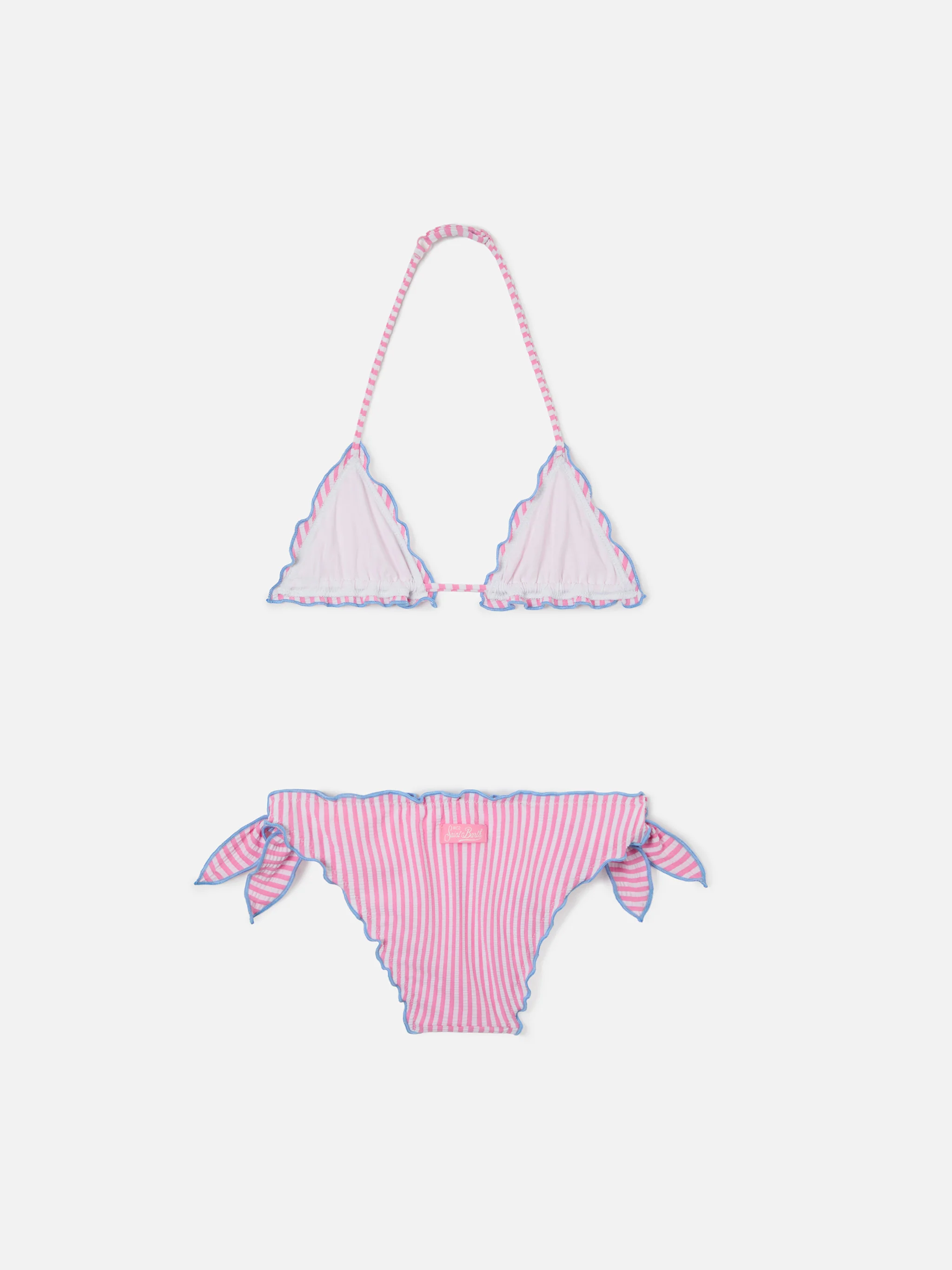 Cris white and pink seersucker striped bikini with ruffled edges - Image 2