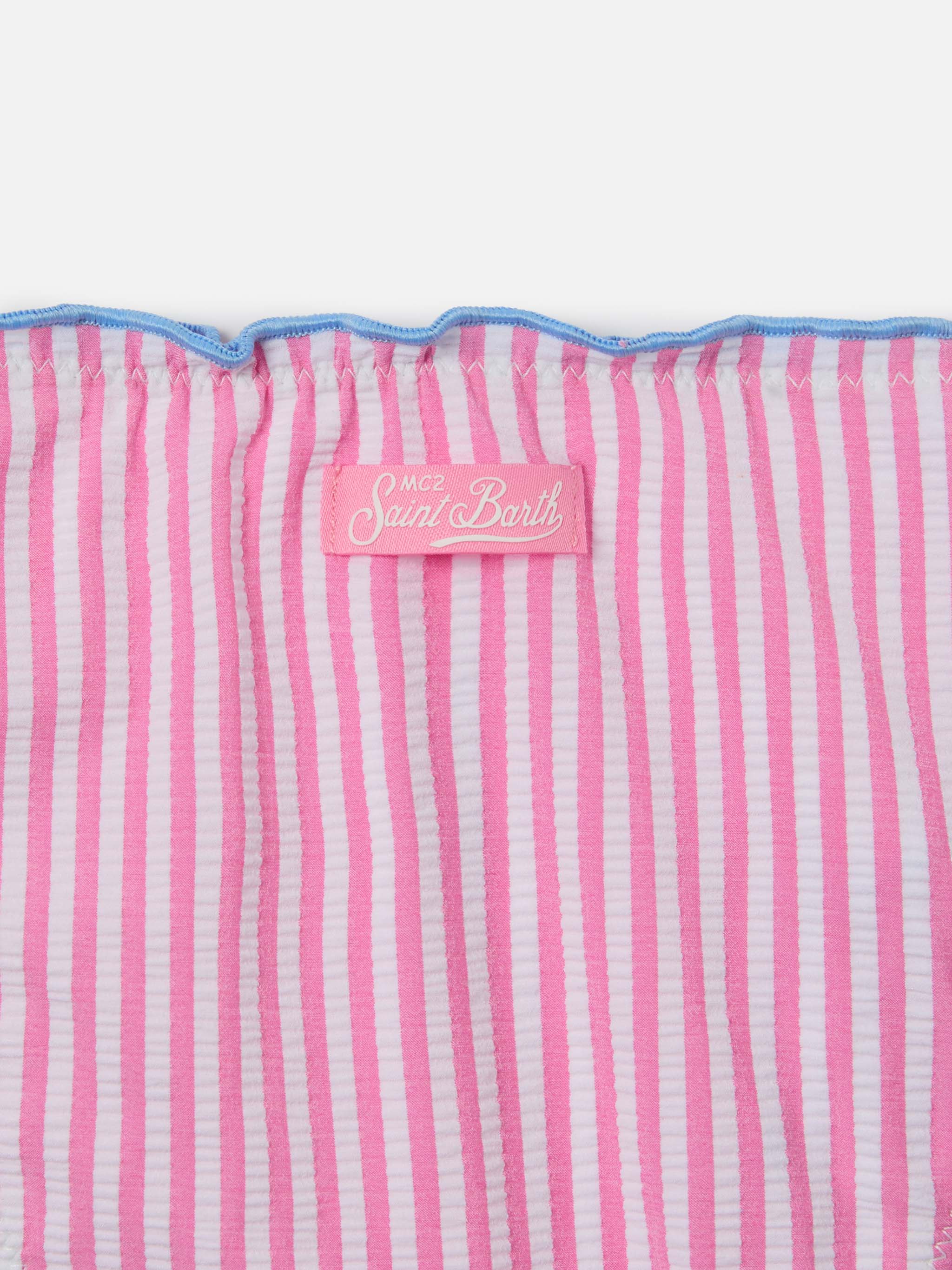 Cris white and pink seersucker striped bikini with ruffled edges - Image 3