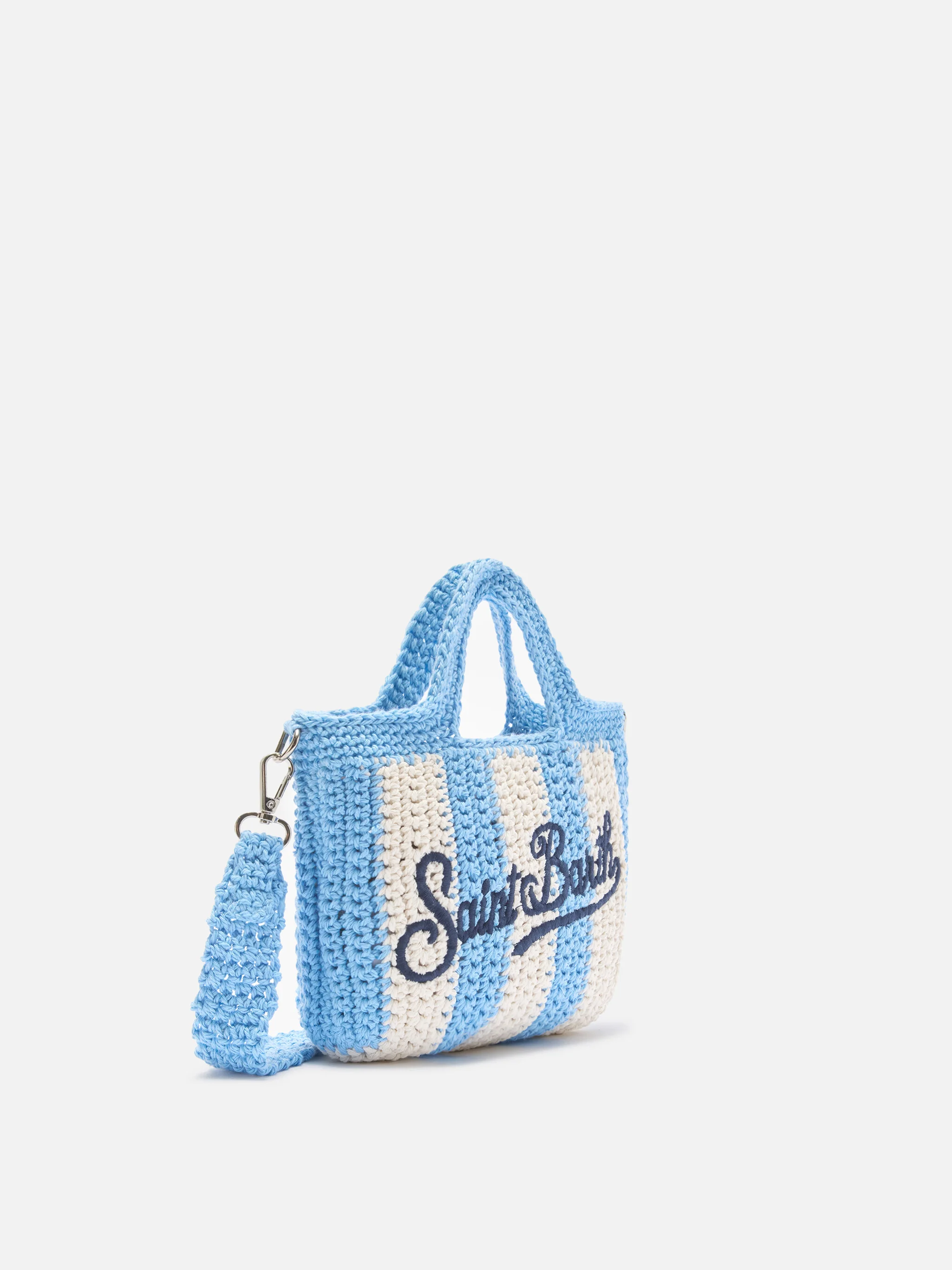 Crochet Mini bag with light blue striped pattern and embroidered logo - Image 2