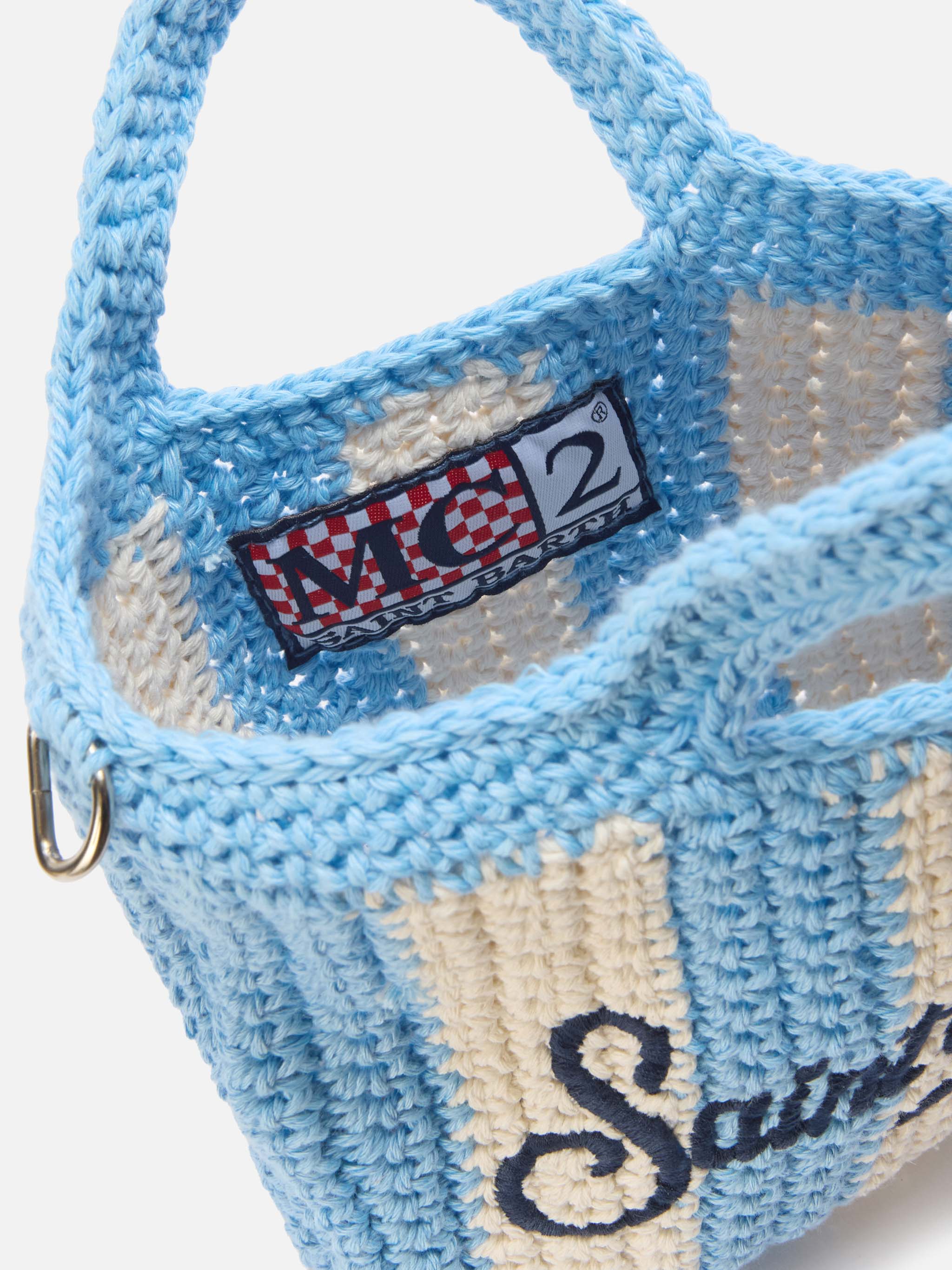 Crochet Mini bag with light blue striped pattern and embroidered logo - Image 4
