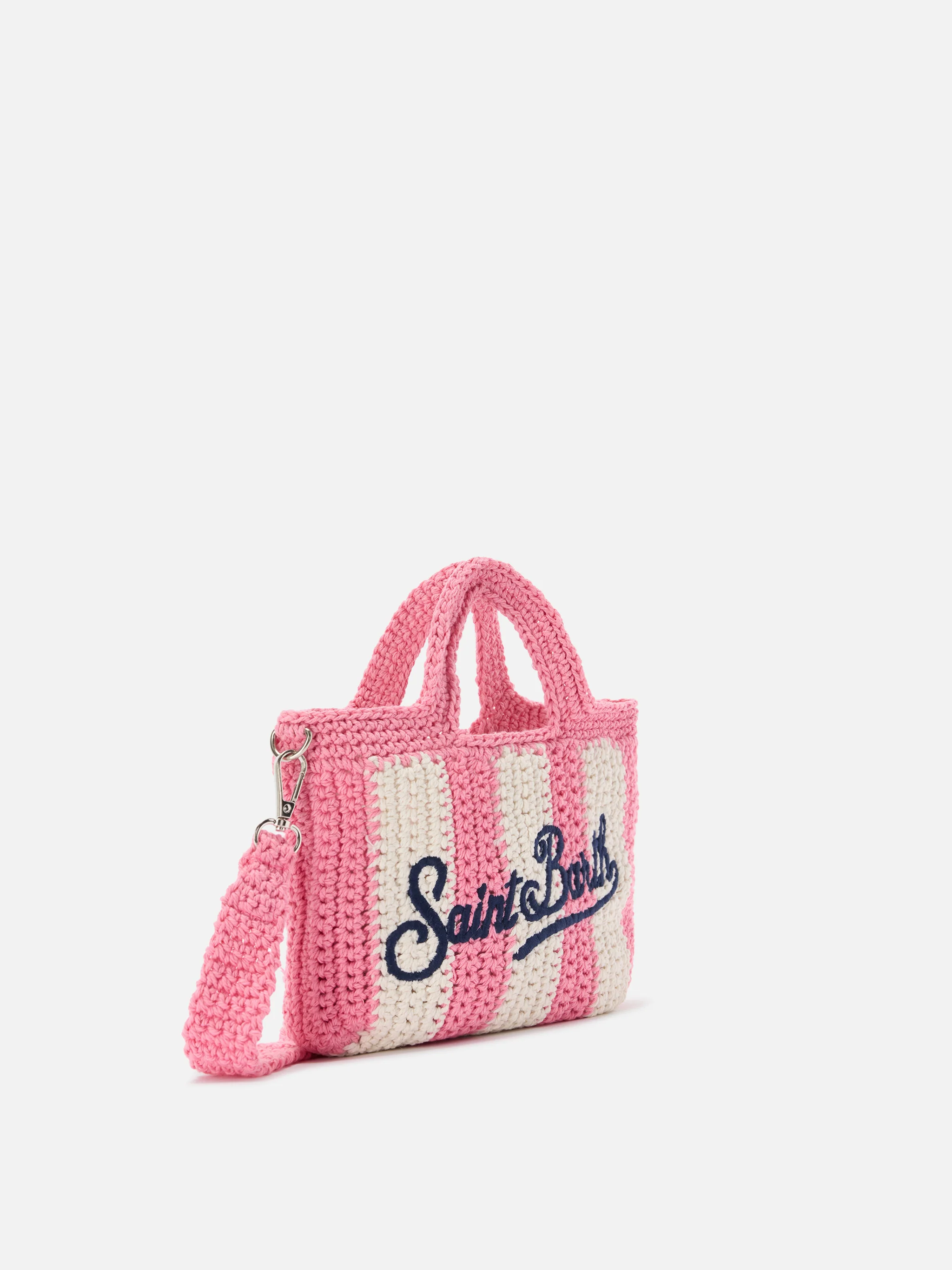 Crochet Mini bag with pink striped pattern and embroidered logo - Image 2
