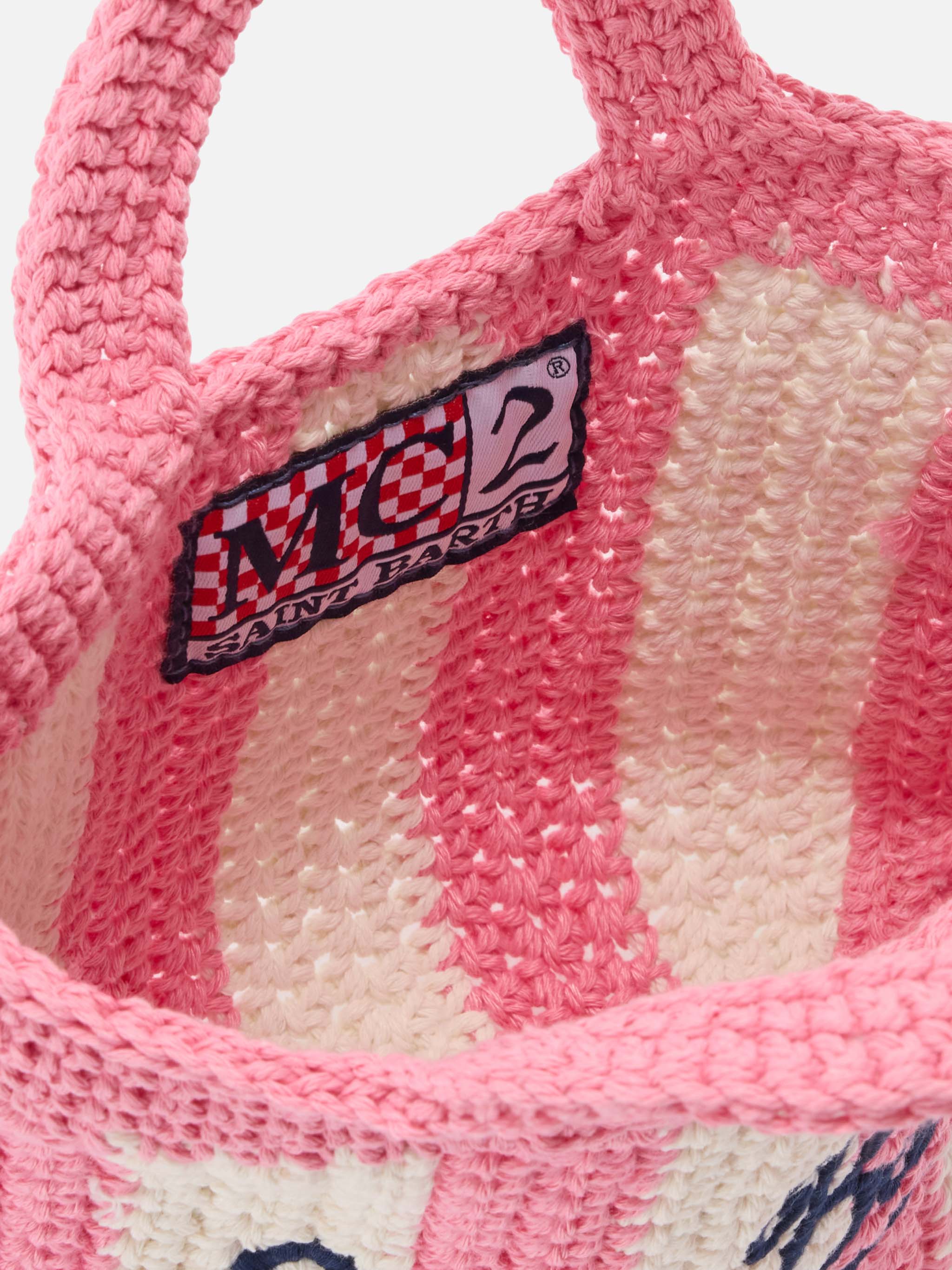 Crochet Mini bag with pink striped pattern and embroidered logo - Image 4