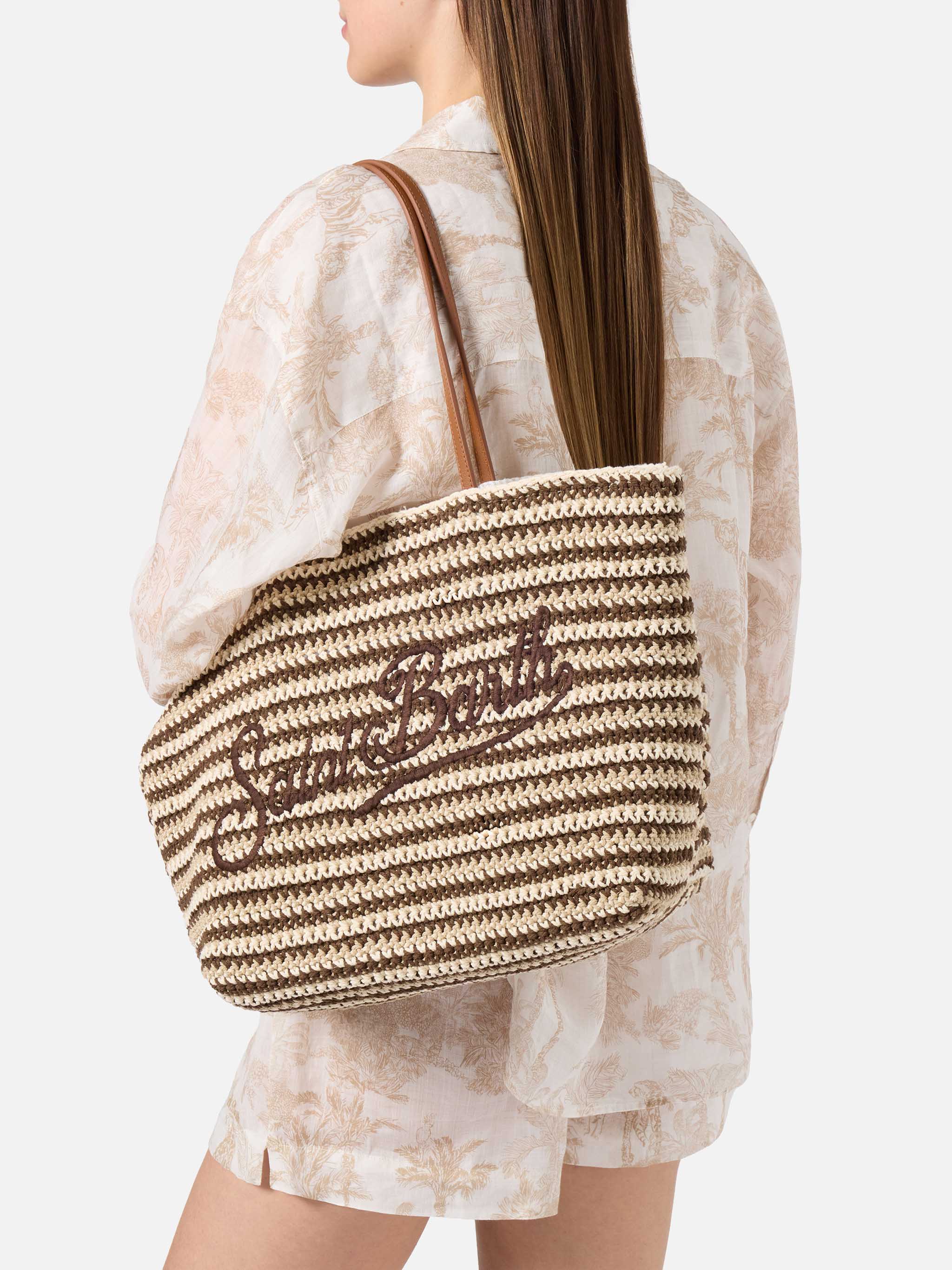 Crochet Tote bag in beige and brown stripes with embroidered logo - Image 2