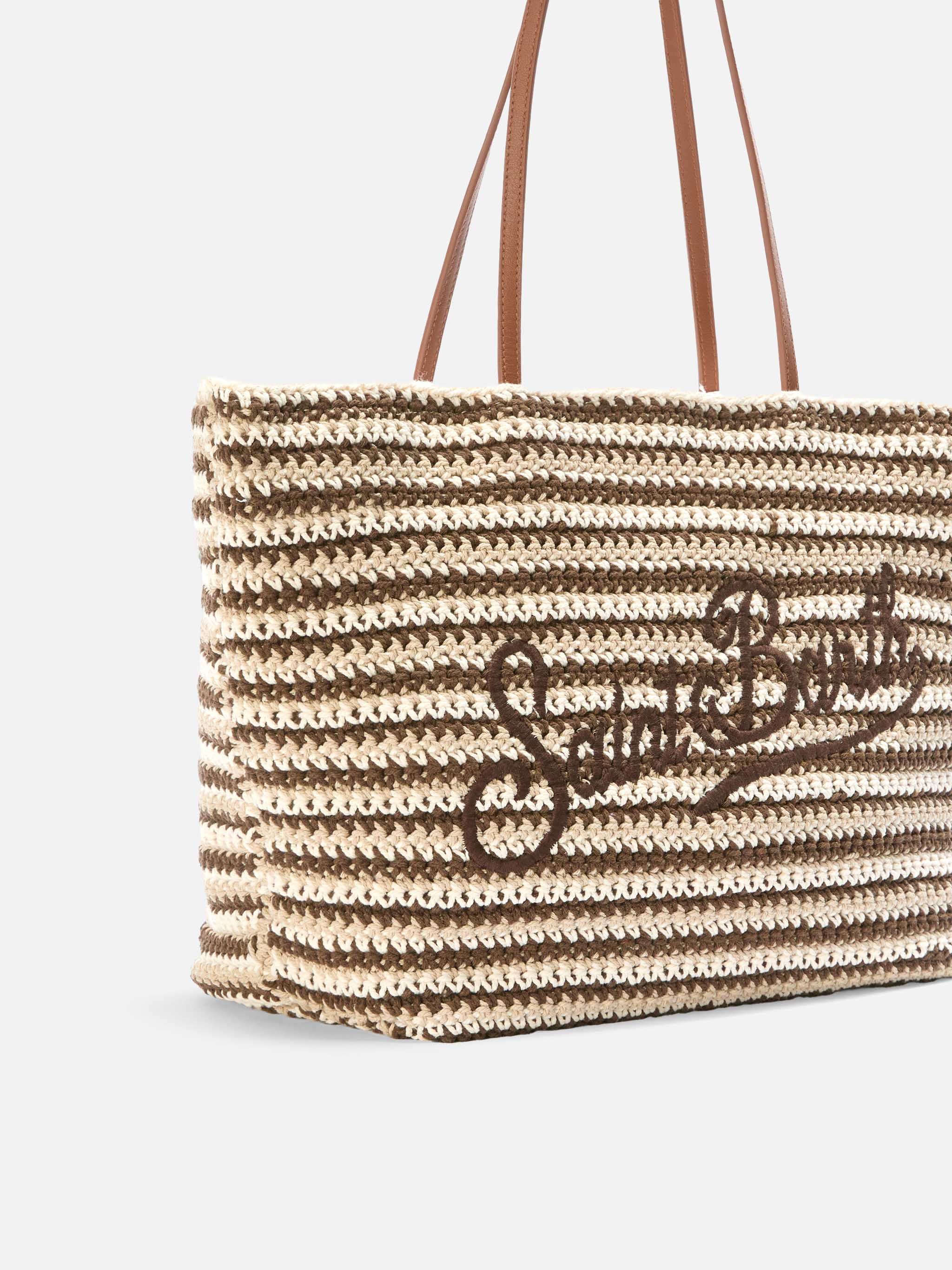 Crochet Tote bag in beige and brown stripes with embroidered logo - Image 3