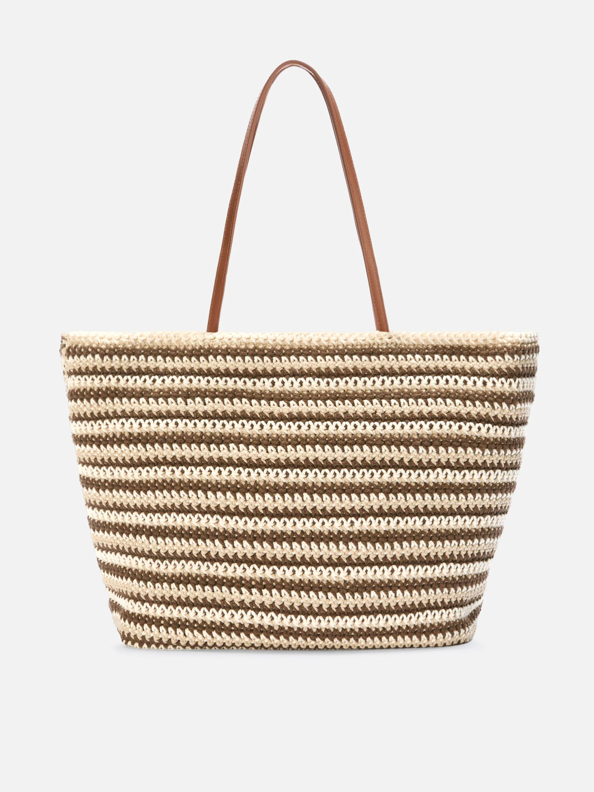 Crochet Tote bag in beige and brown stripes with embroidered logo - Image 4