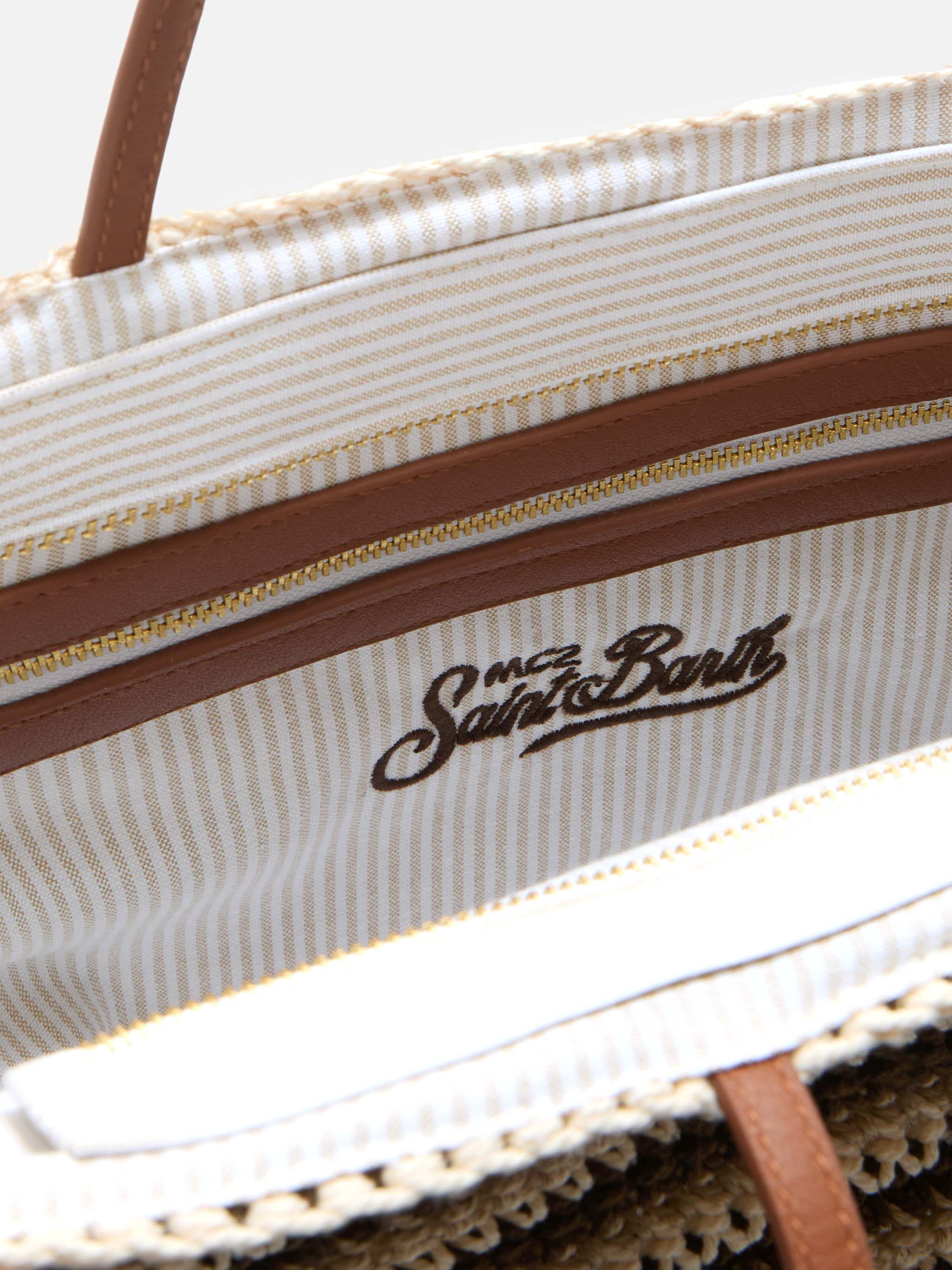 Crochet Tote bag in beige and brown stripes with embroidered logo - Image 5