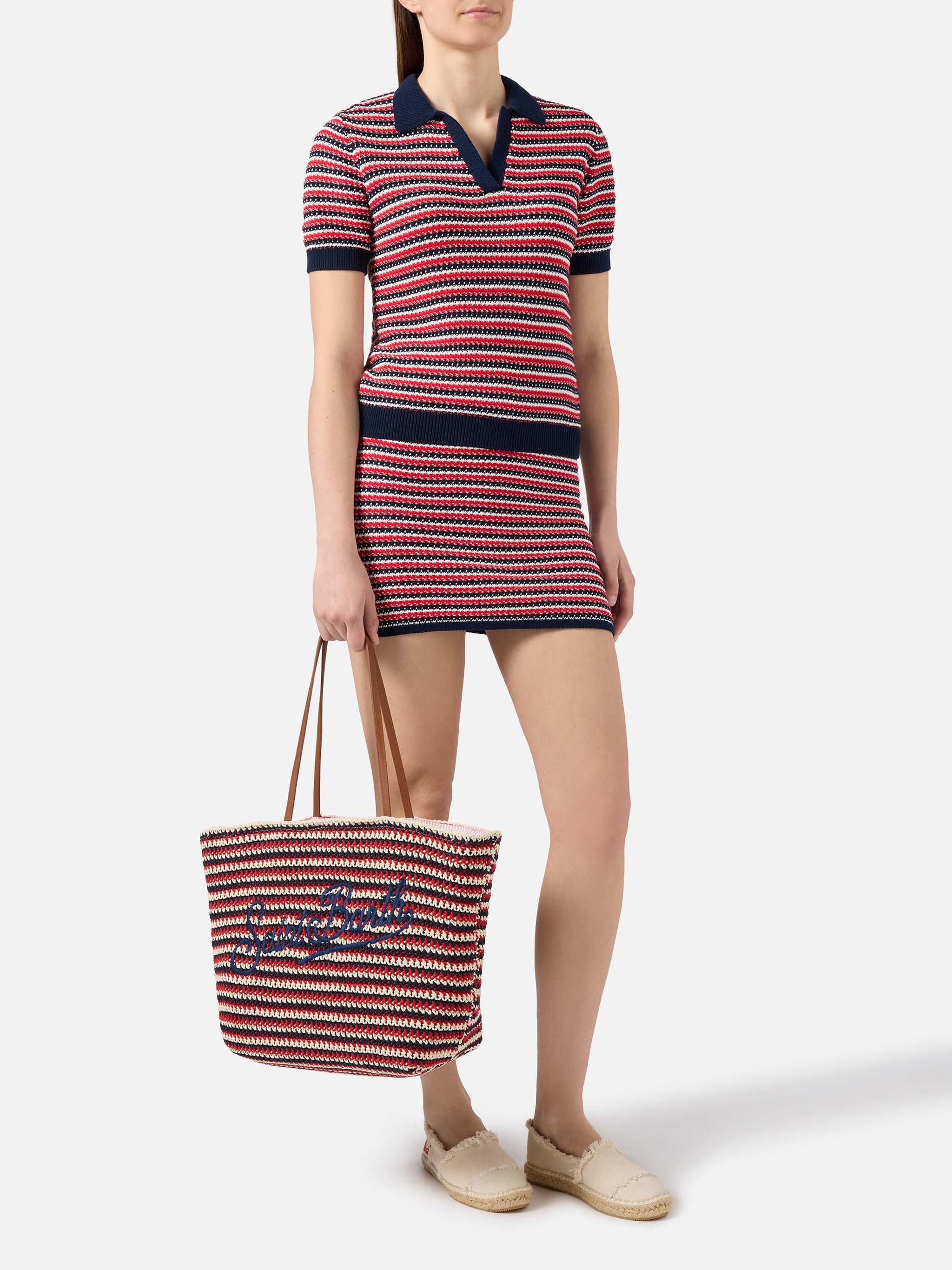 Crochet Tote bag in blue and red stripes with embroidered logo - Image 2