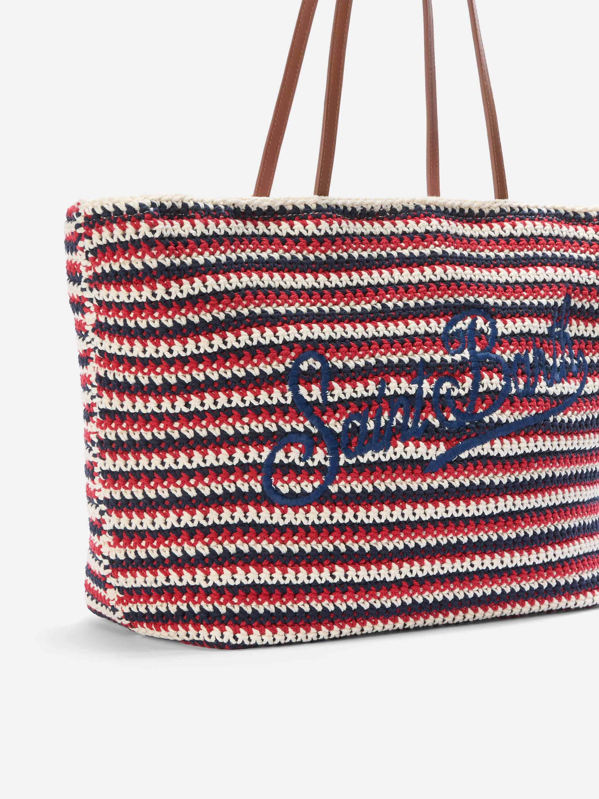 Crochet Tote bag in blue and red stripes with embroidered logo - Image 3