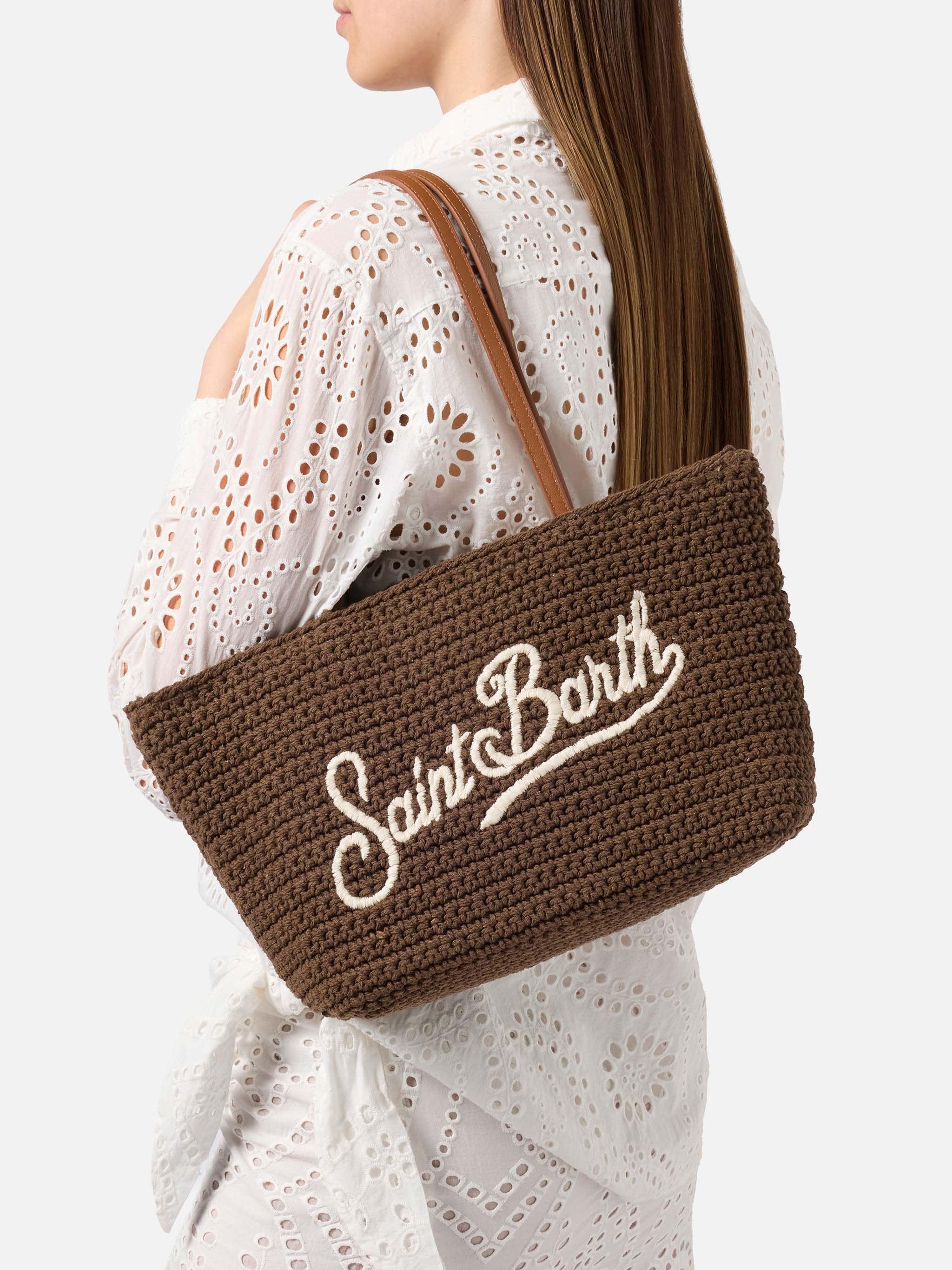 Crochet Tote medium brown bag with embroidered logo - Image 2