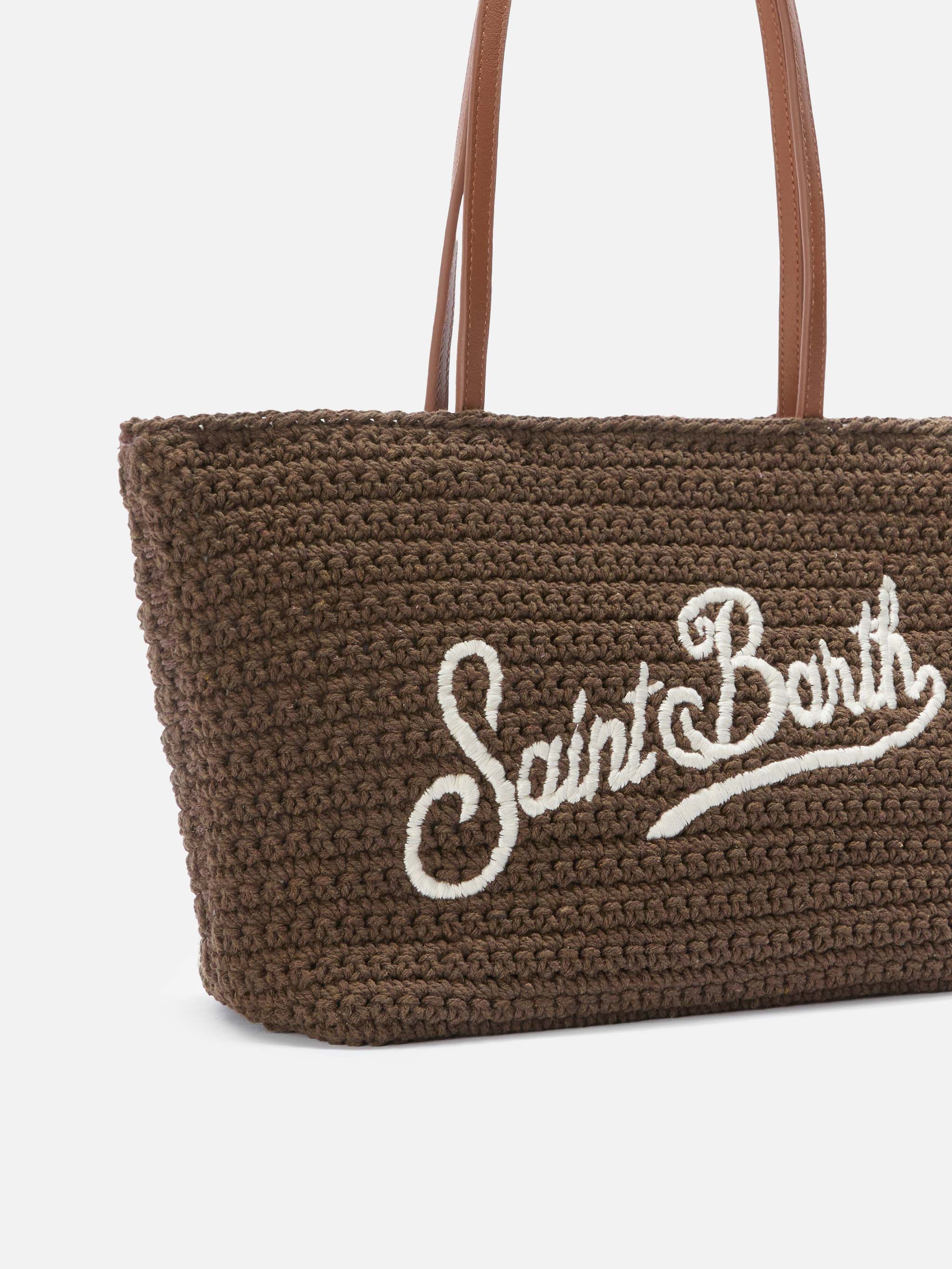 Crochet Tote medium brown bag with embroidered logo - Image 3