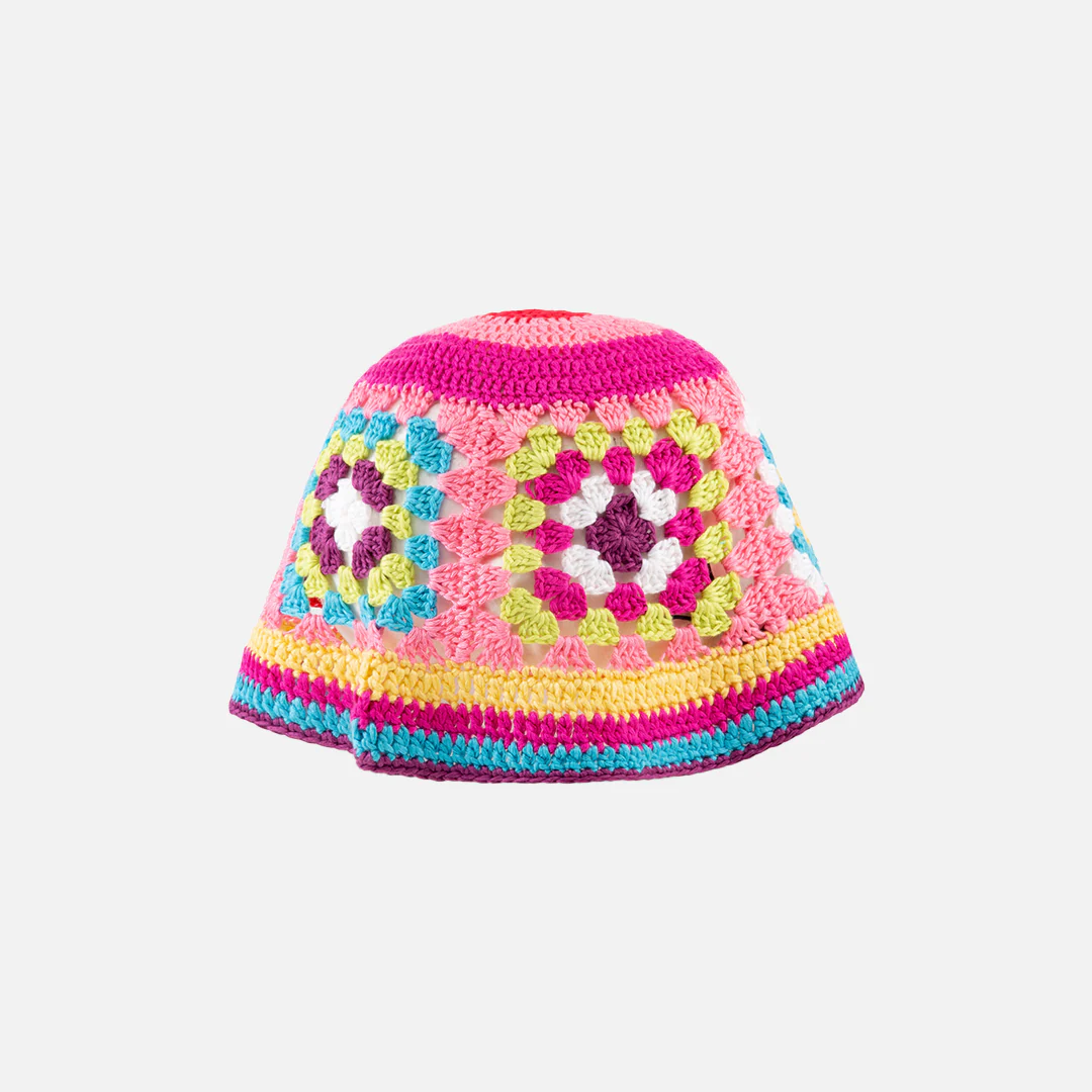 Multicolor crochet cloche hat on pink base