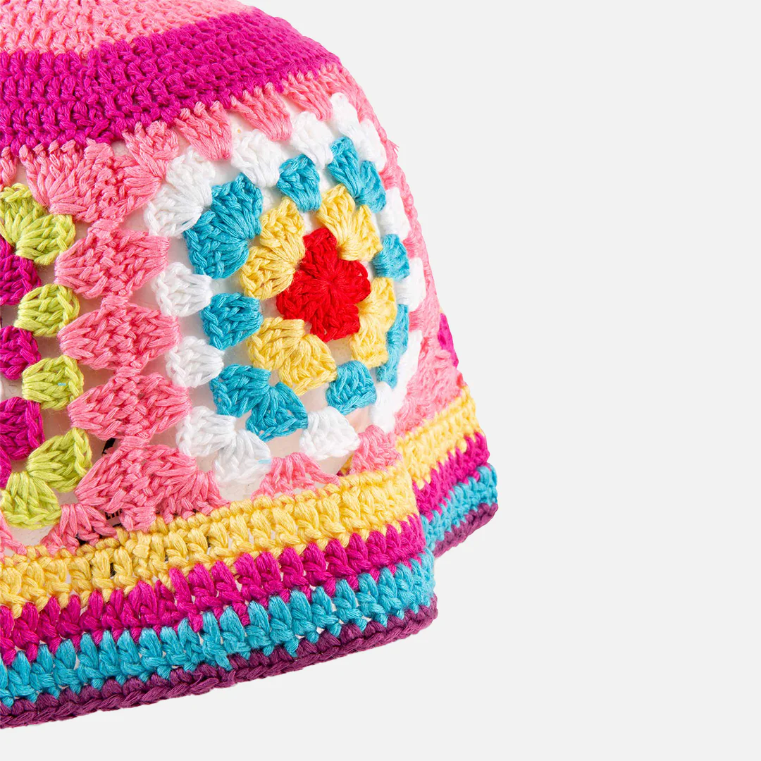Multicolor crochet cloche hat on pink base - Image 2
