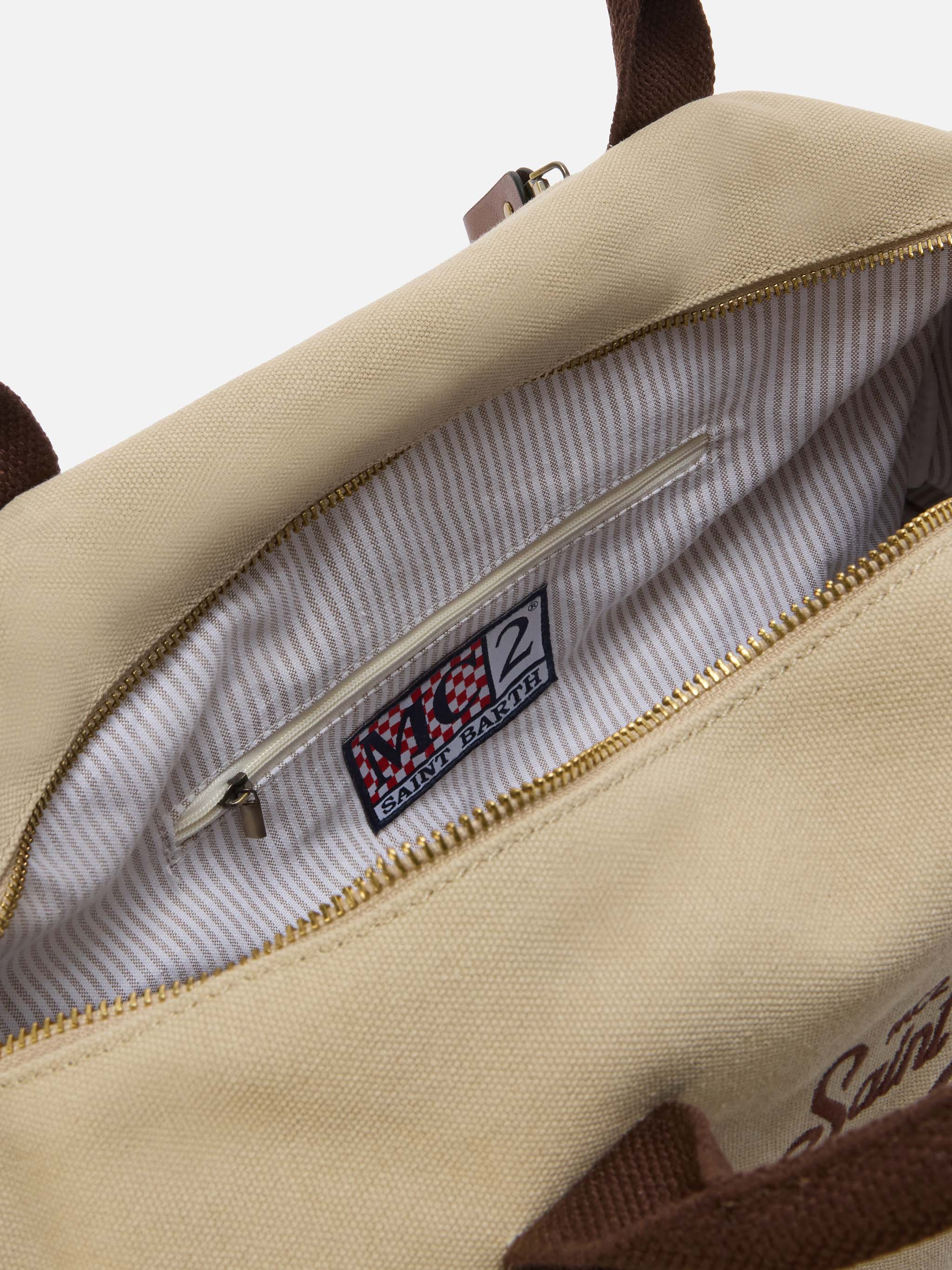 Daily beige cotton blend weekender with embroidered logo - Image 4