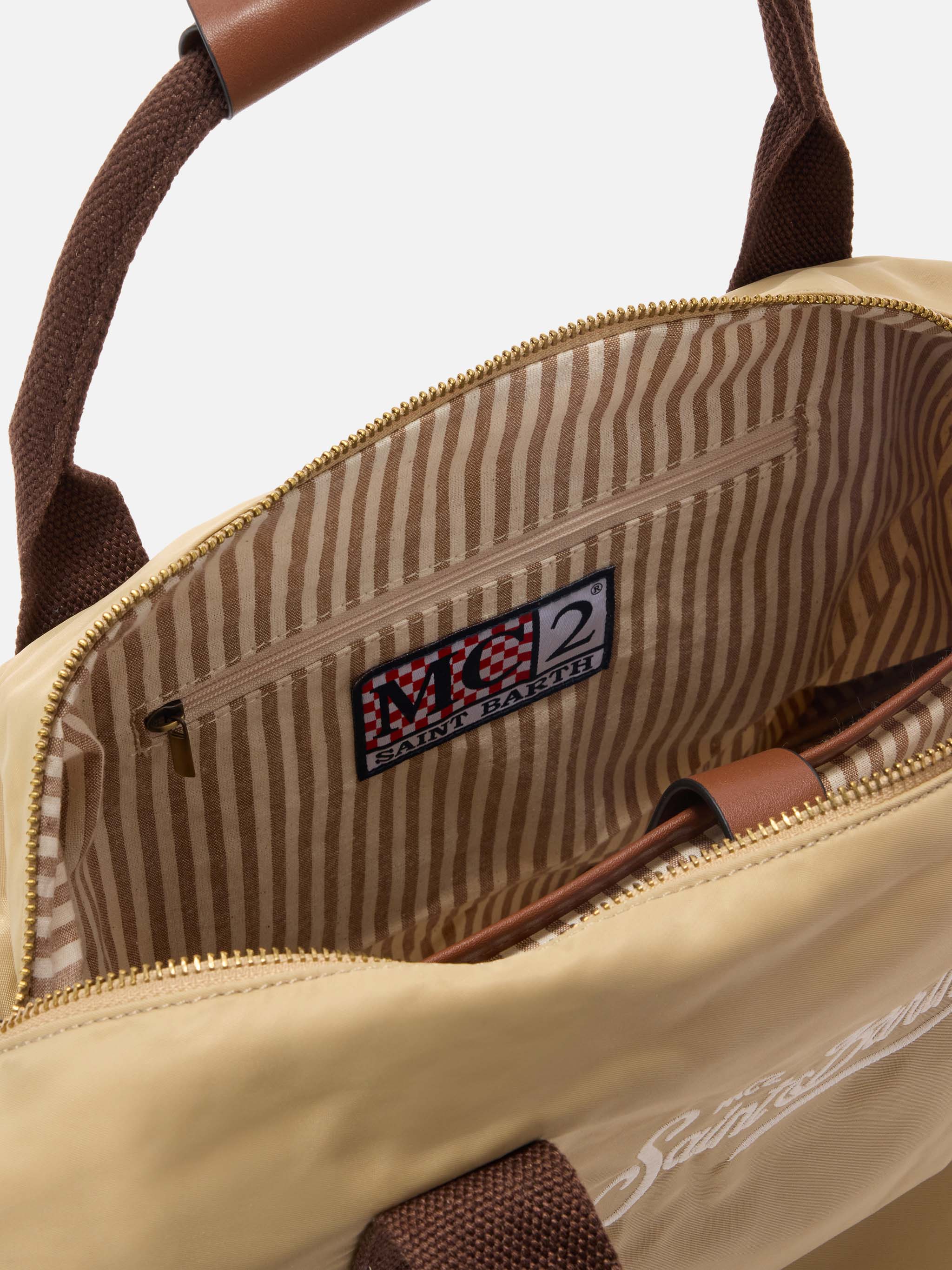 Daily beige nylon weekender with embroidered logo - Image 4