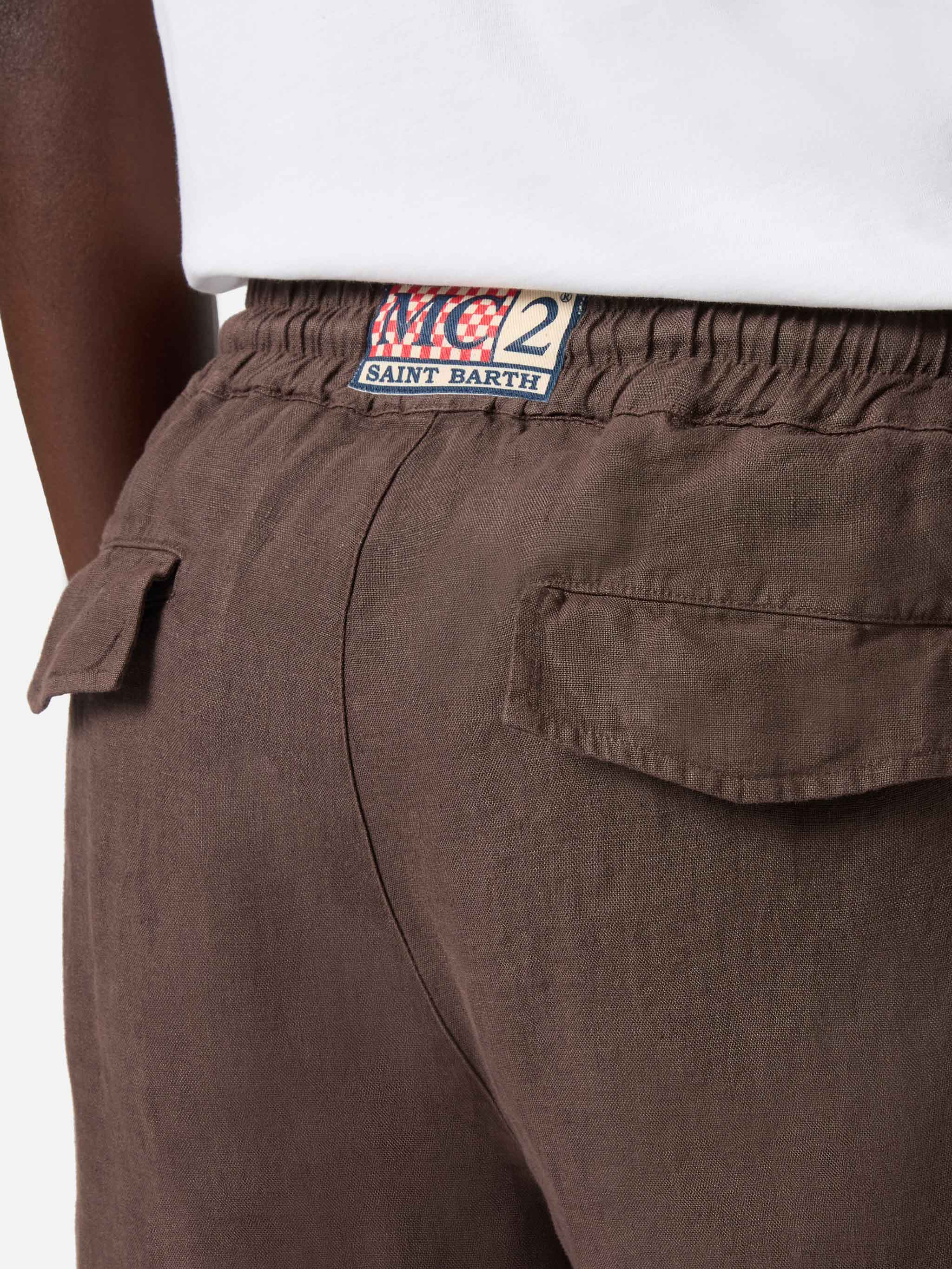 Dark brown Calais long pants in pure linen - Image 3