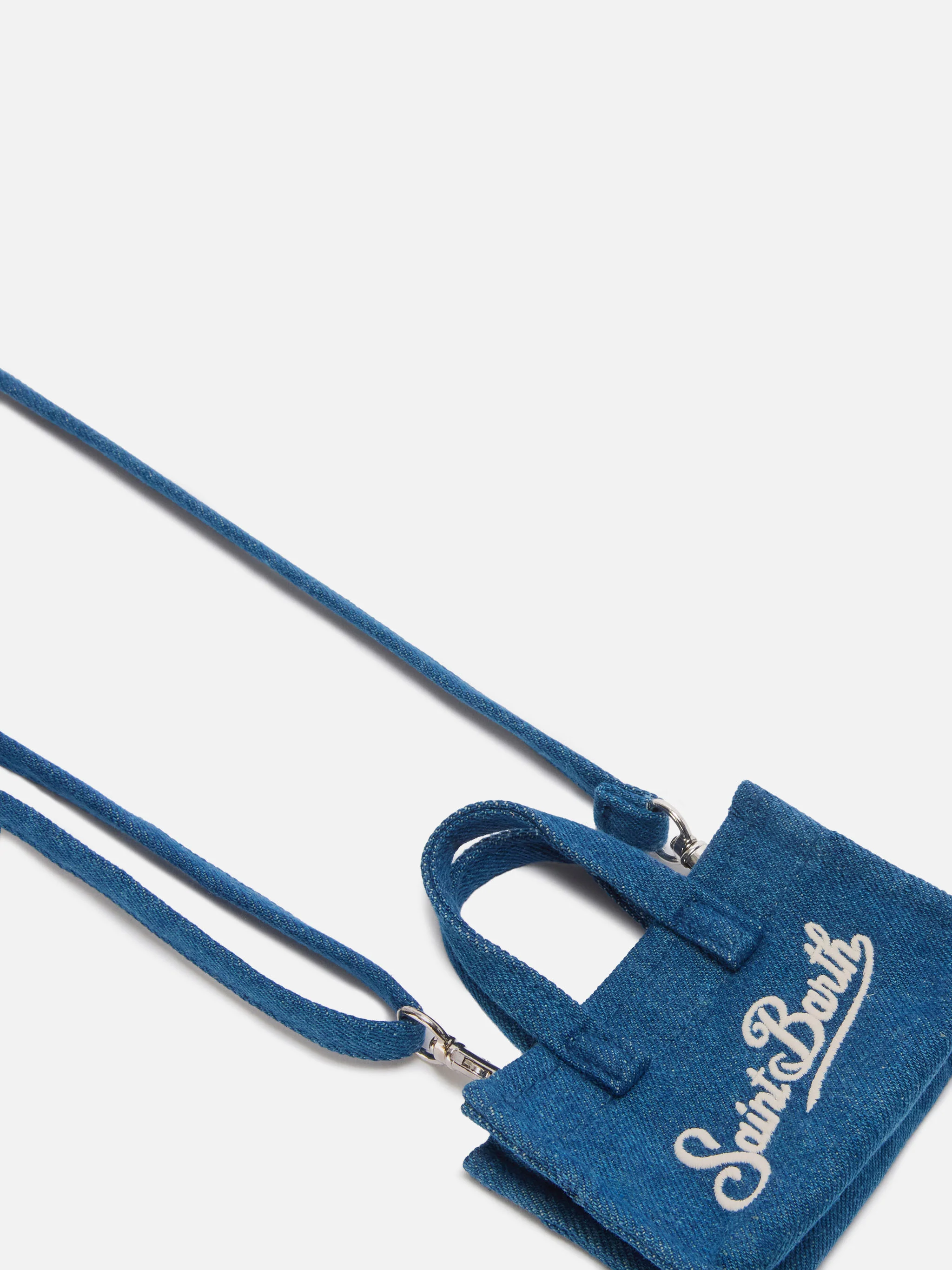Denim mini bag–shaped keychain with printed logo - Image 2