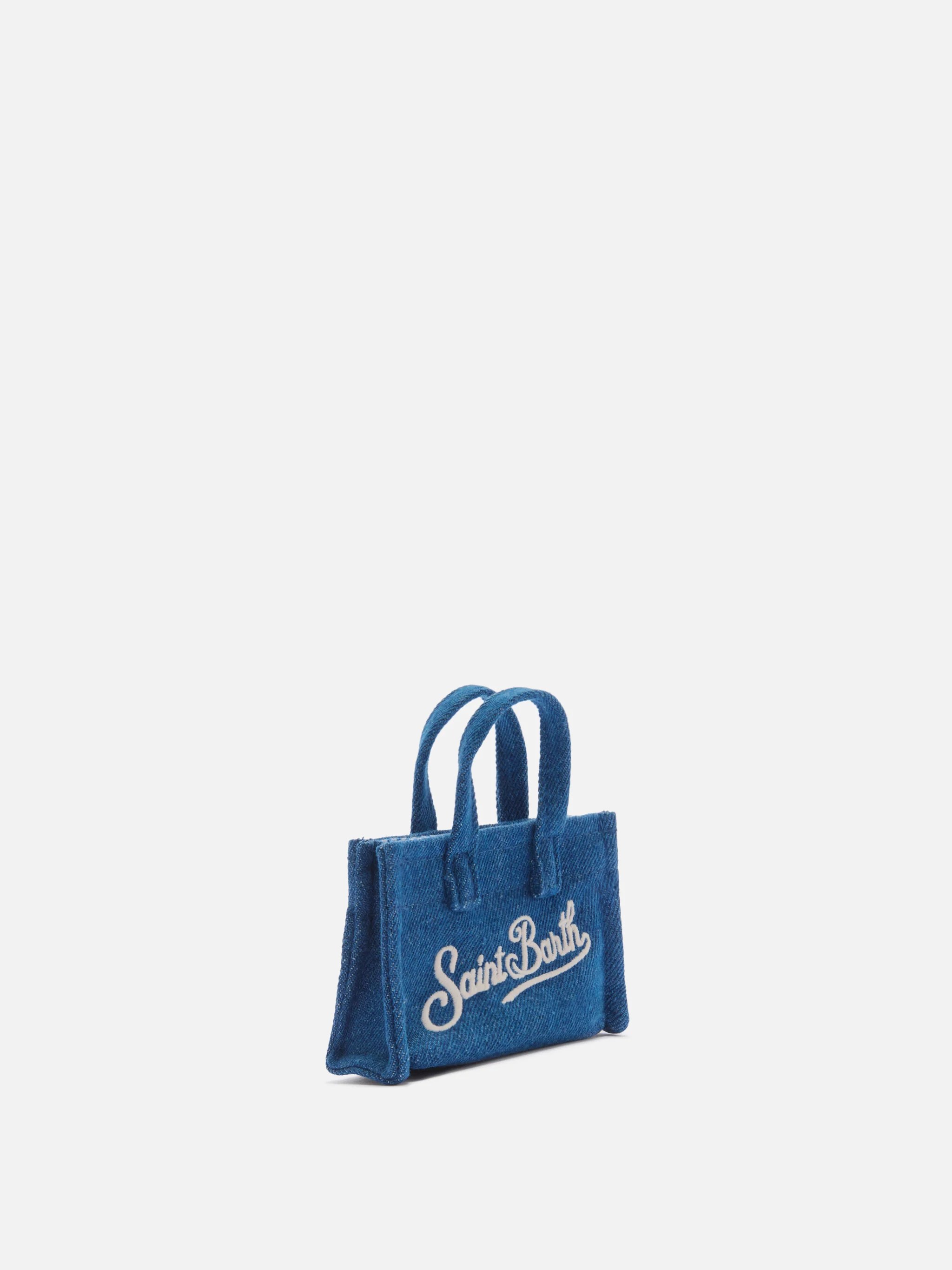 Denim mini bag–shaped keychain with printed logo - Image 3