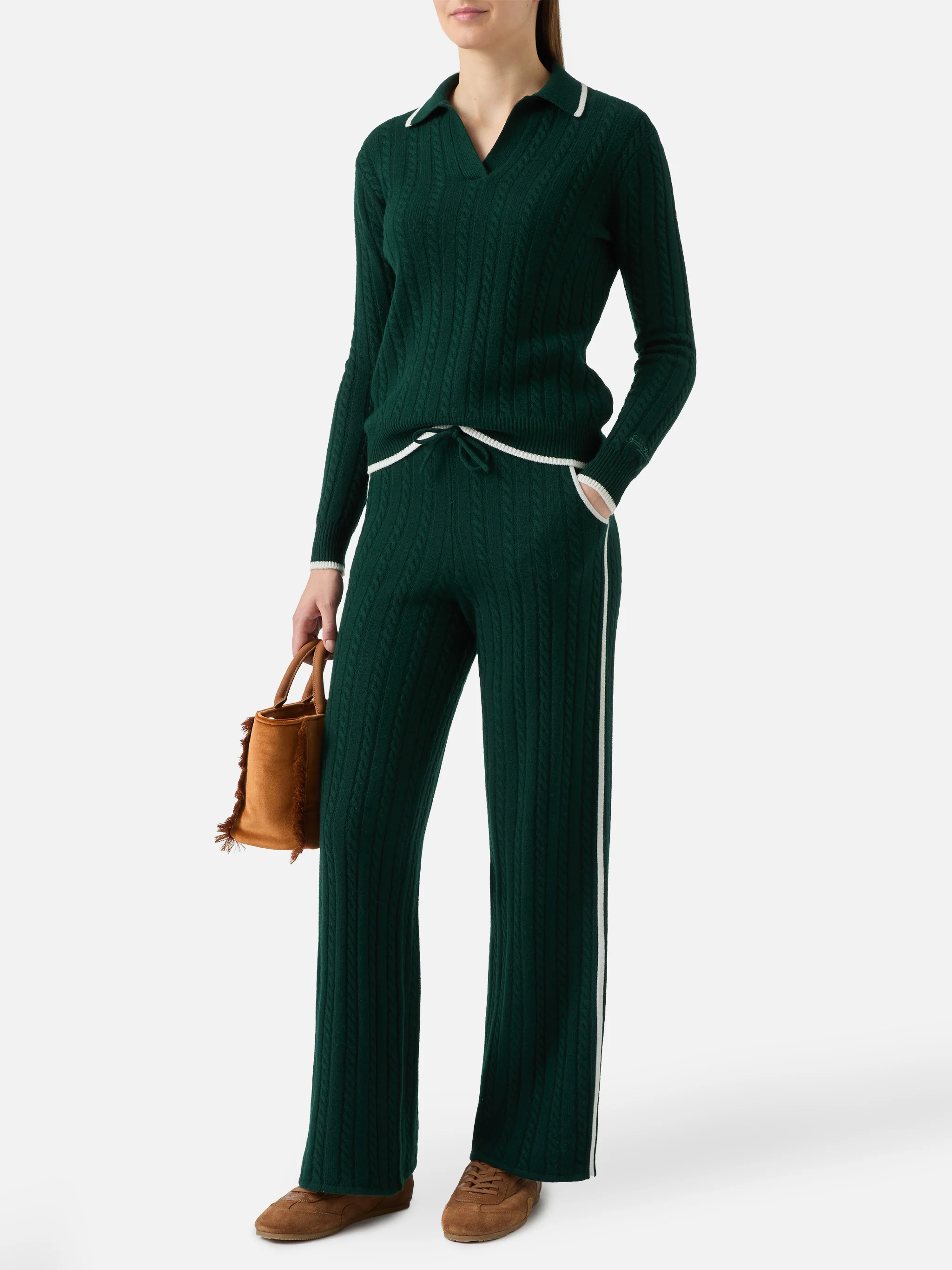 Dinard cable-knit trousers in British green wool with St. Barth embroidery - Image 2