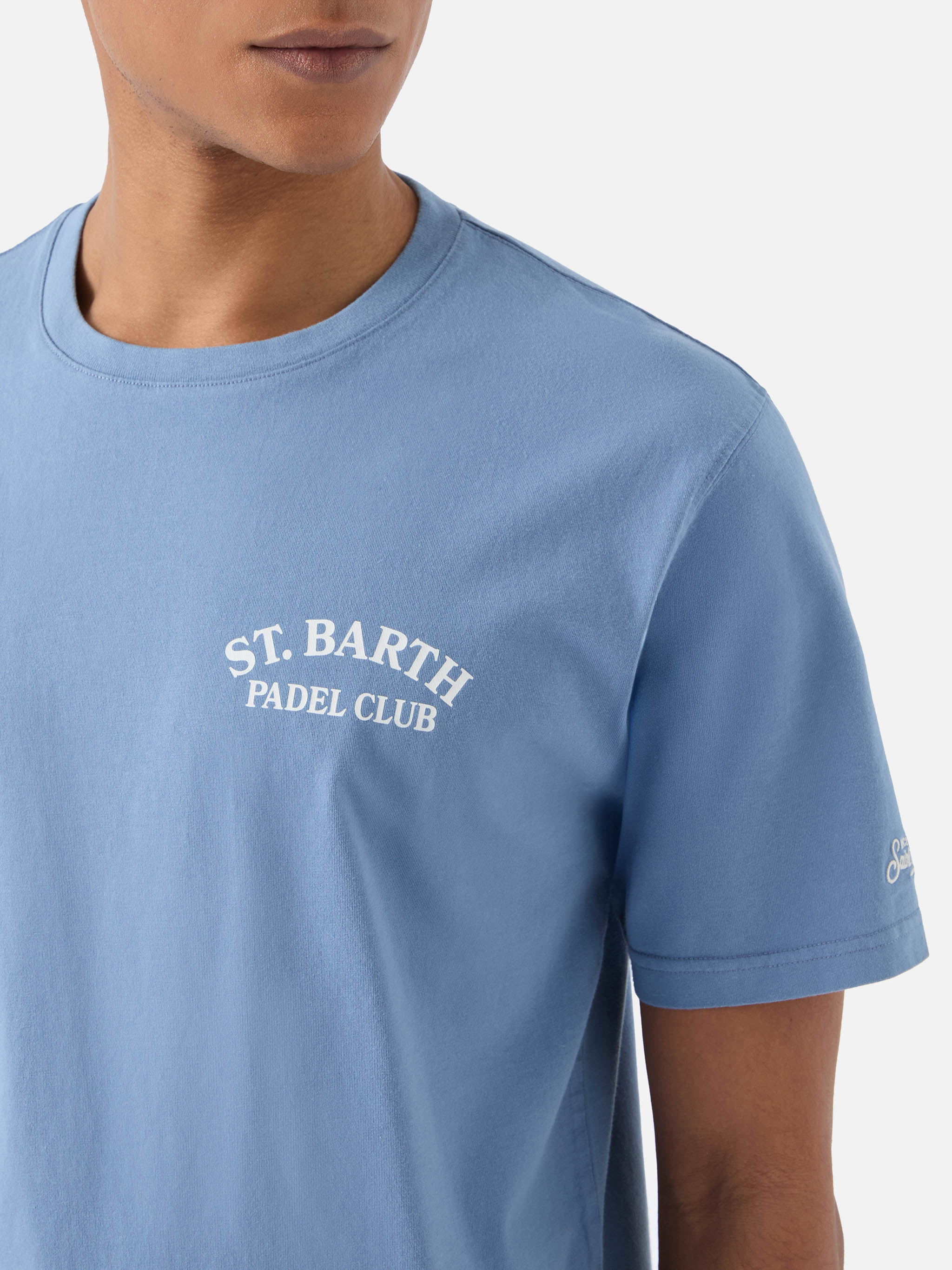 Dusty light blue Portland t-shirt with St. Barth Padel Club illustration - Image 2