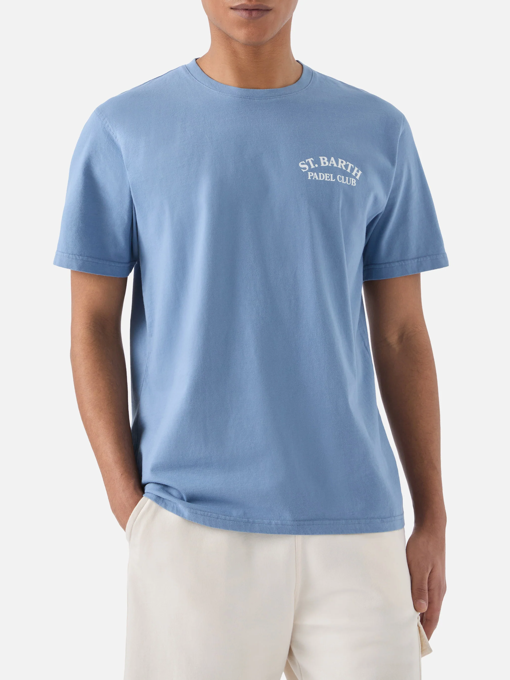 Dusty light blue Portland t-shirt with St. Barth Padel Club illustration - Image 3