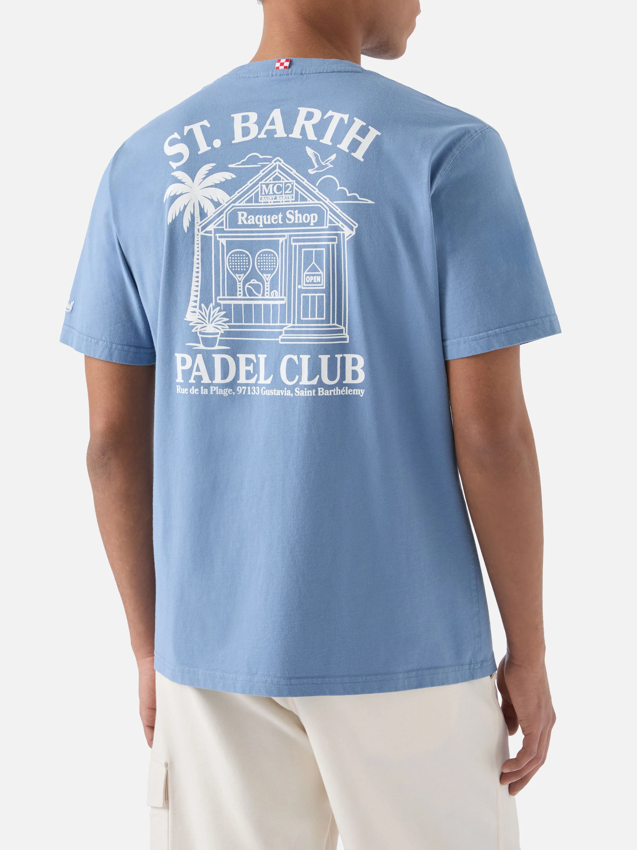 Dusty light blue Portland t-shirt with St. Barth Padel Club illustration - Image 4