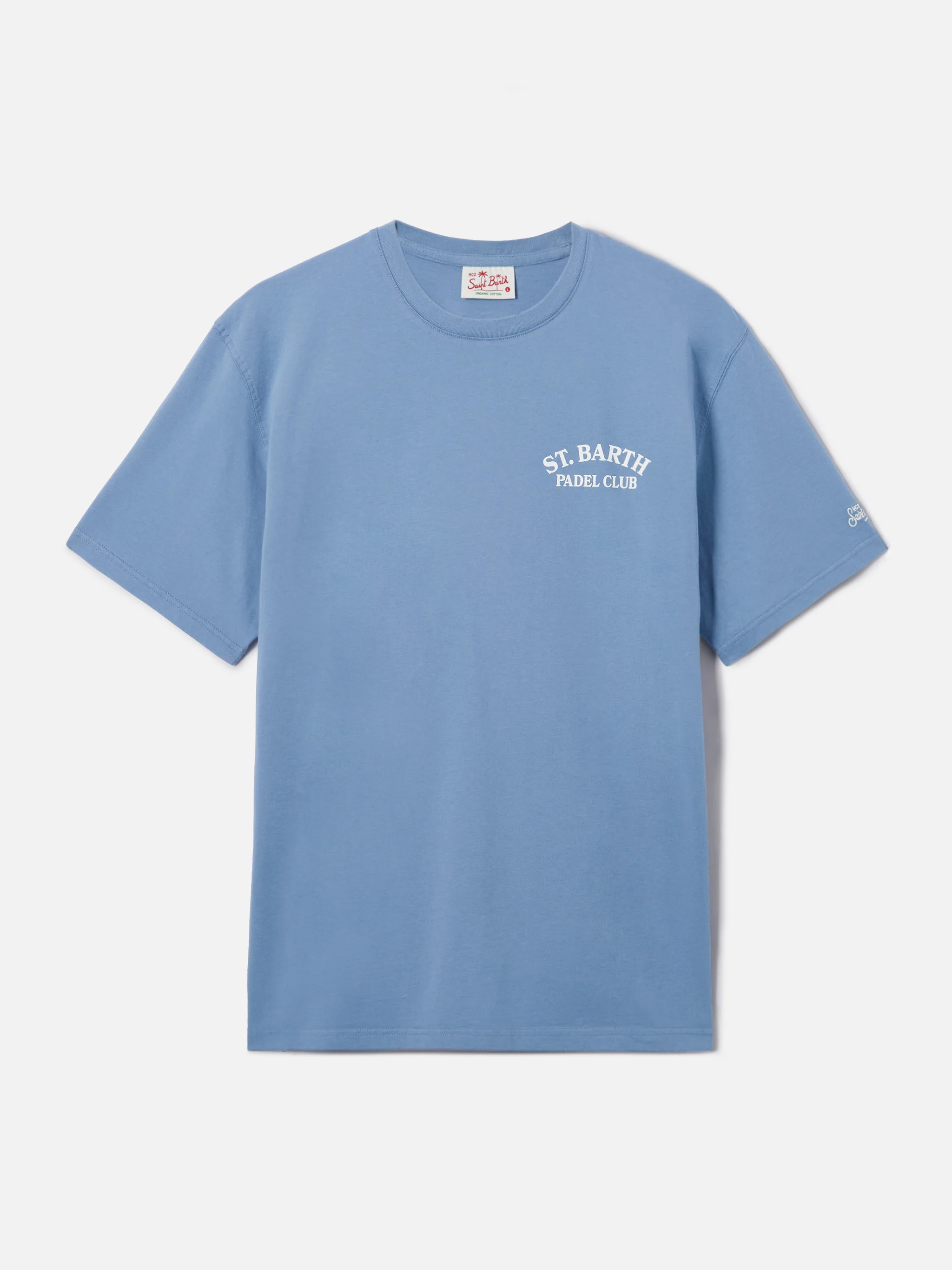 Dusty light blue Portland t-shirt with St. Barth Padel Club illustration - Image 5