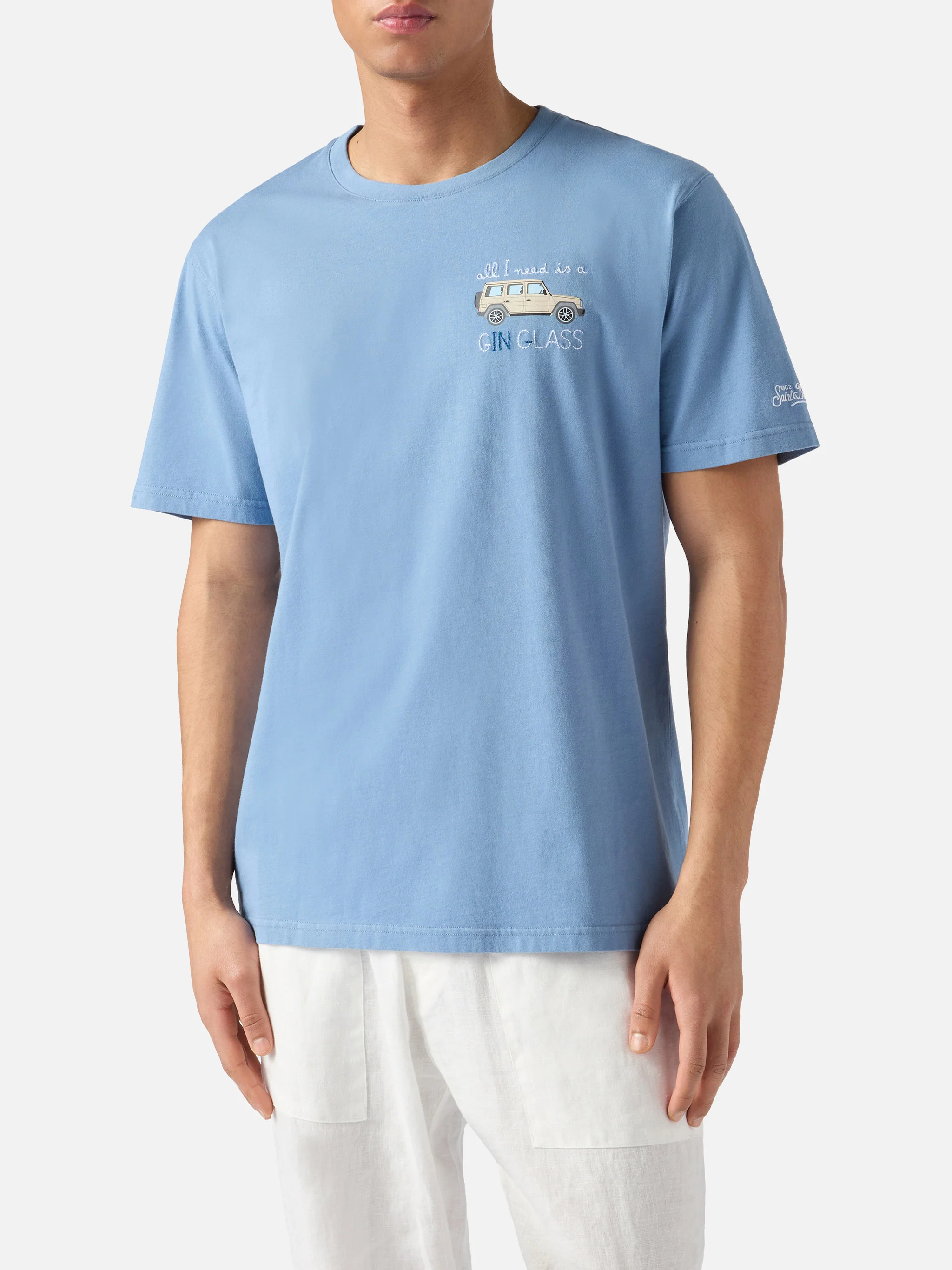 Dusty light blue Portofino T-shirt with All I Need Is A G-in Class embroidery - Image 3