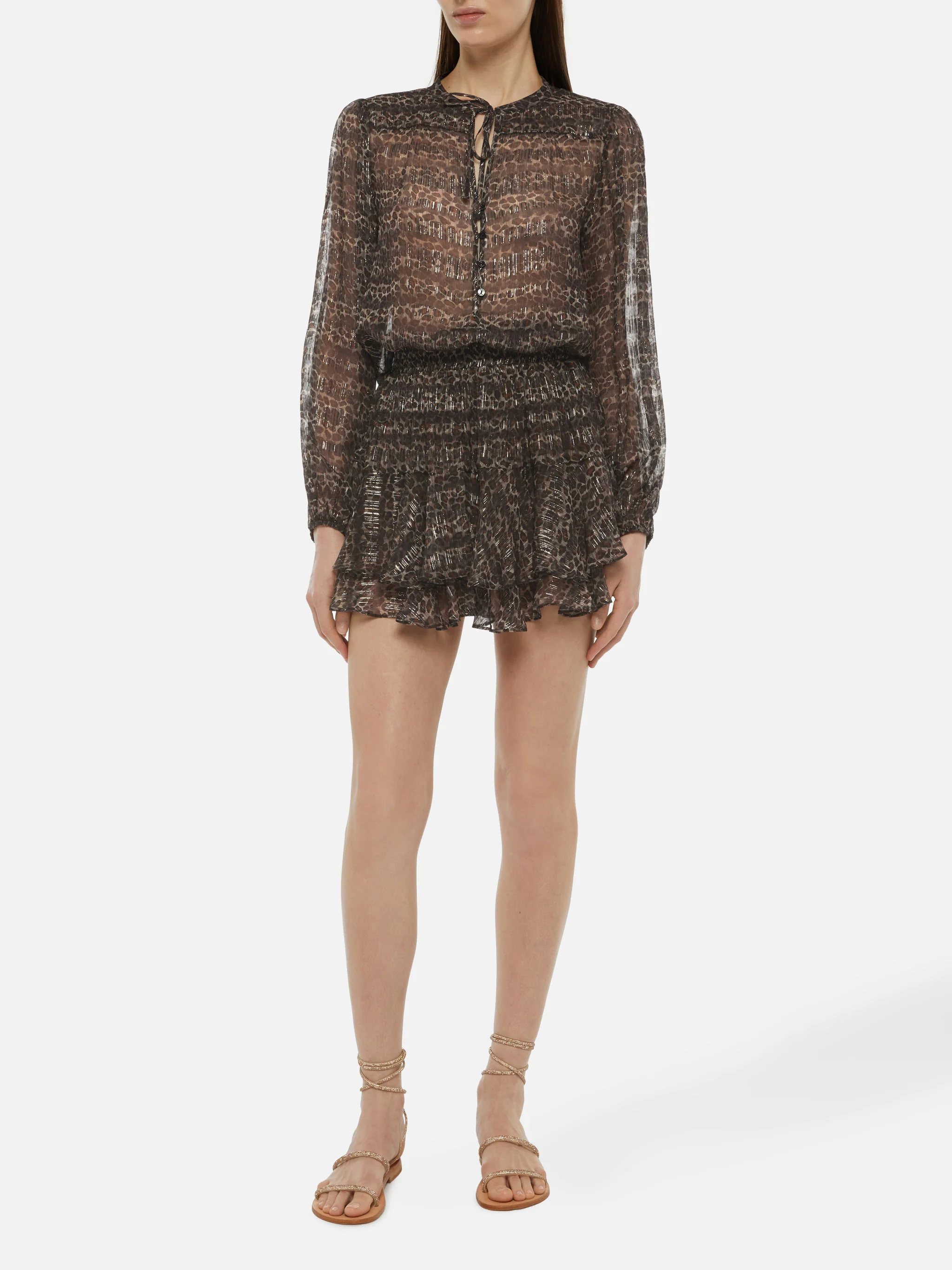 Eivissa ruffled mini skirt in lurex silk voile with animalier print - Image 3