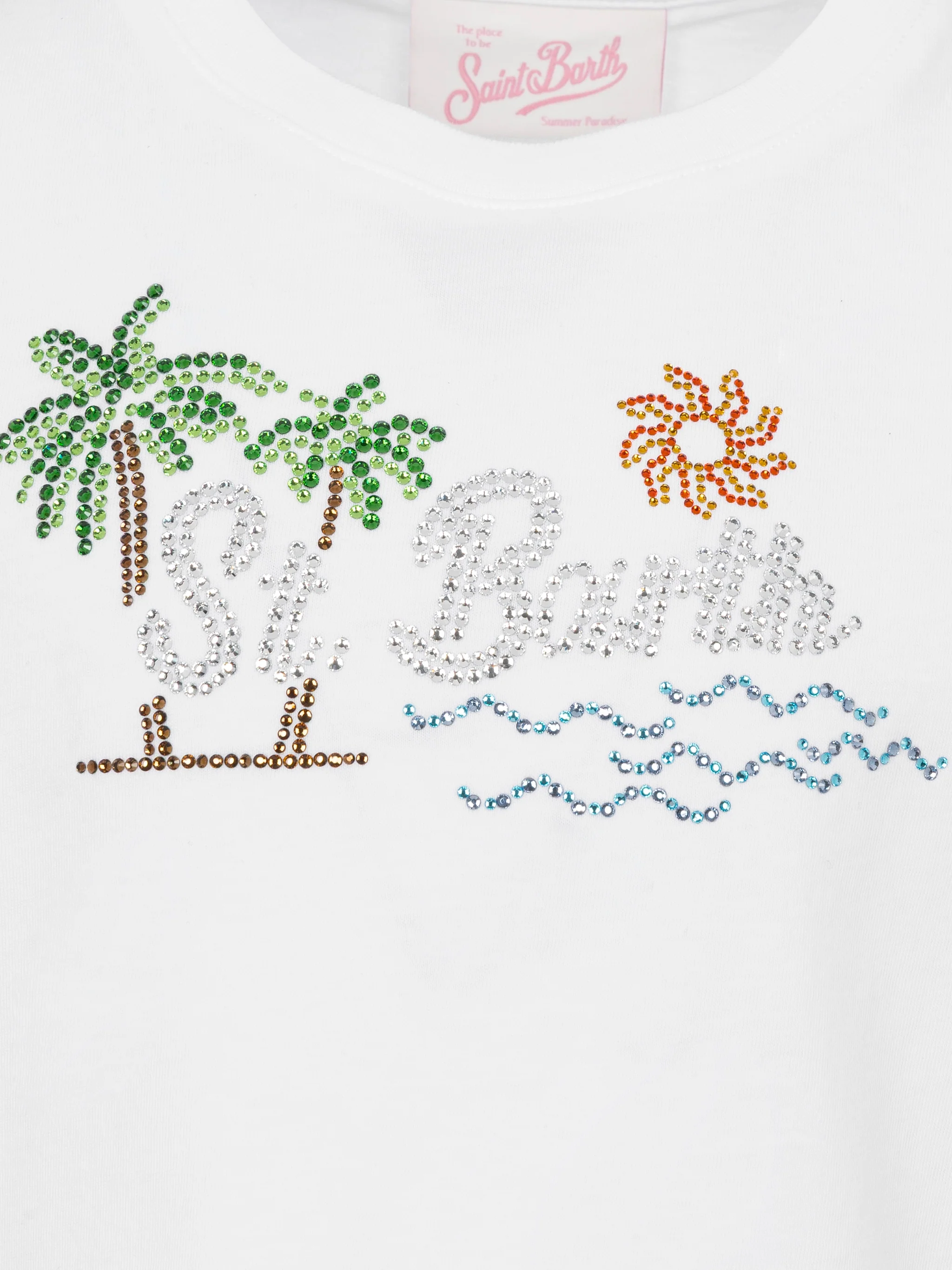 Elly cotton jersey crewneck t-shirt with Saint Barth sunset rhinestone desgin - Image 3