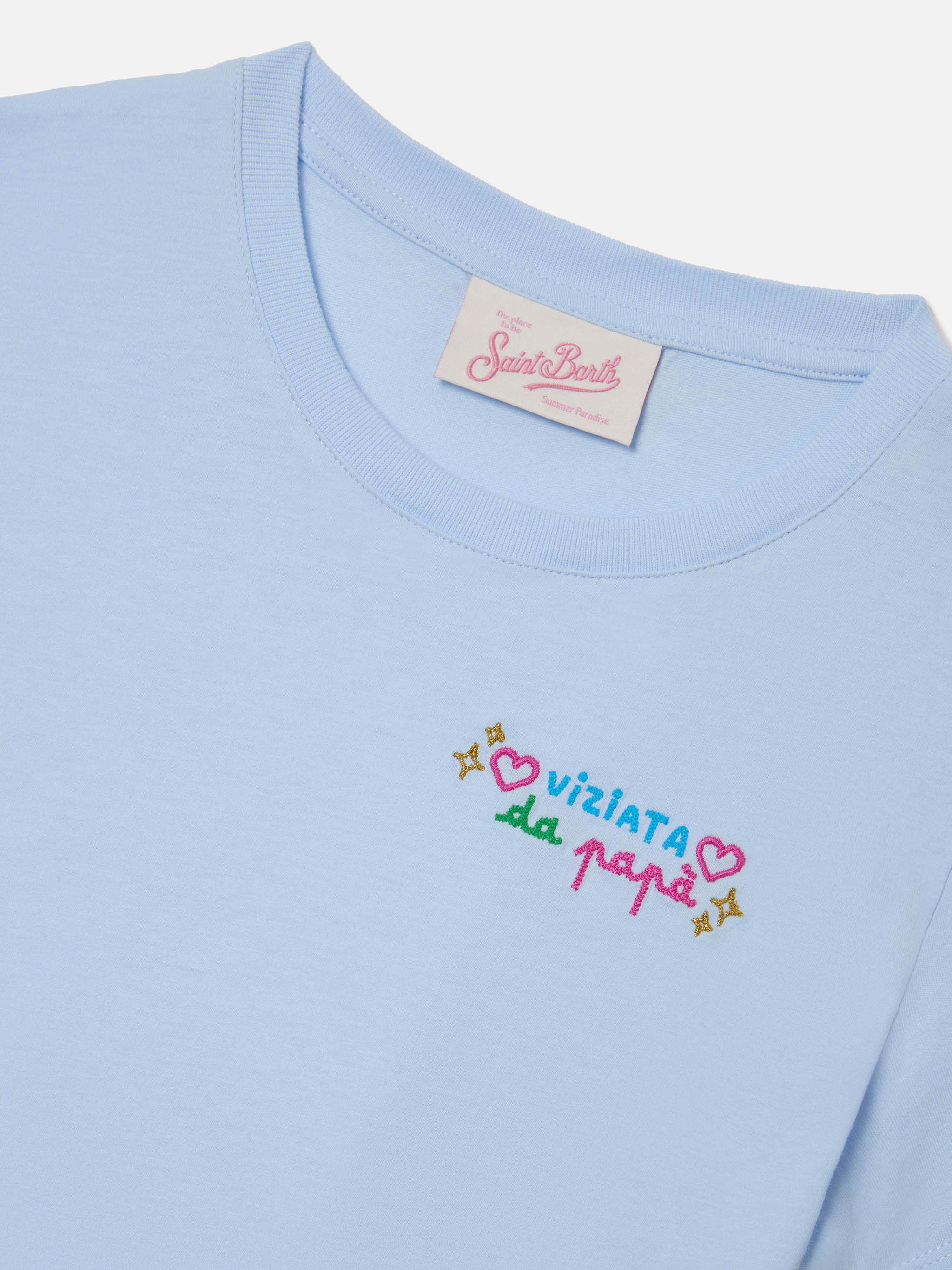 Elly T-shirt in light blue cotton with Viziata da papà embroidery - Image 2