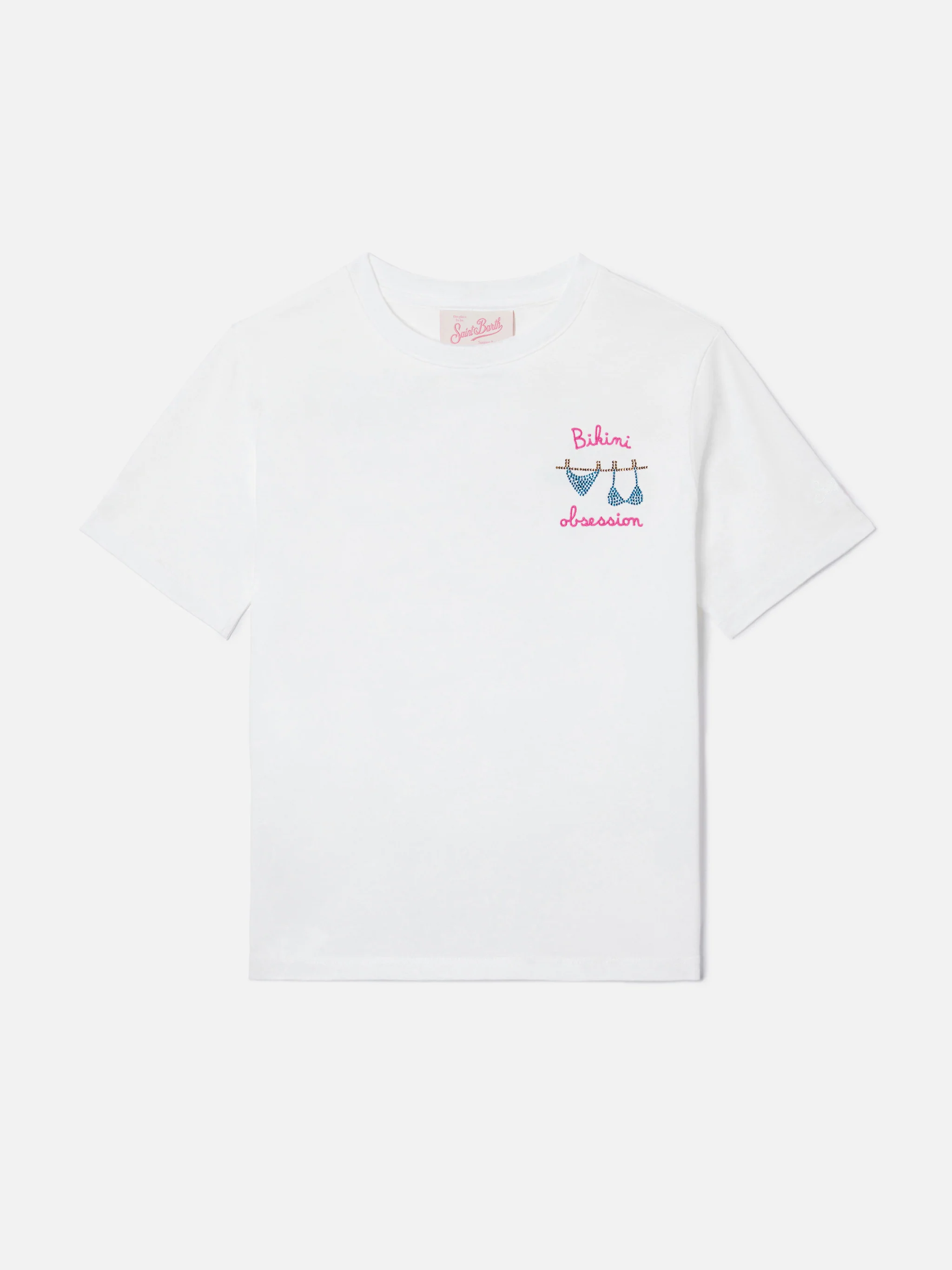 Elly T-shirt in white cotton with Bikini Obsession embroidery and rhinestones - Image 2