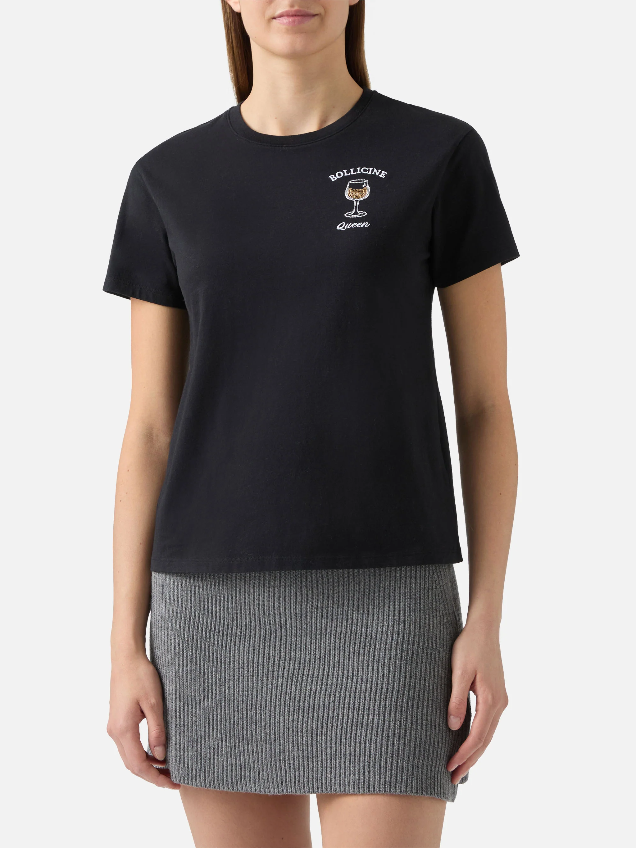 Emilie cotton T-shirt in black with Bollicine Queen rhinestone appliqué - Image 2
