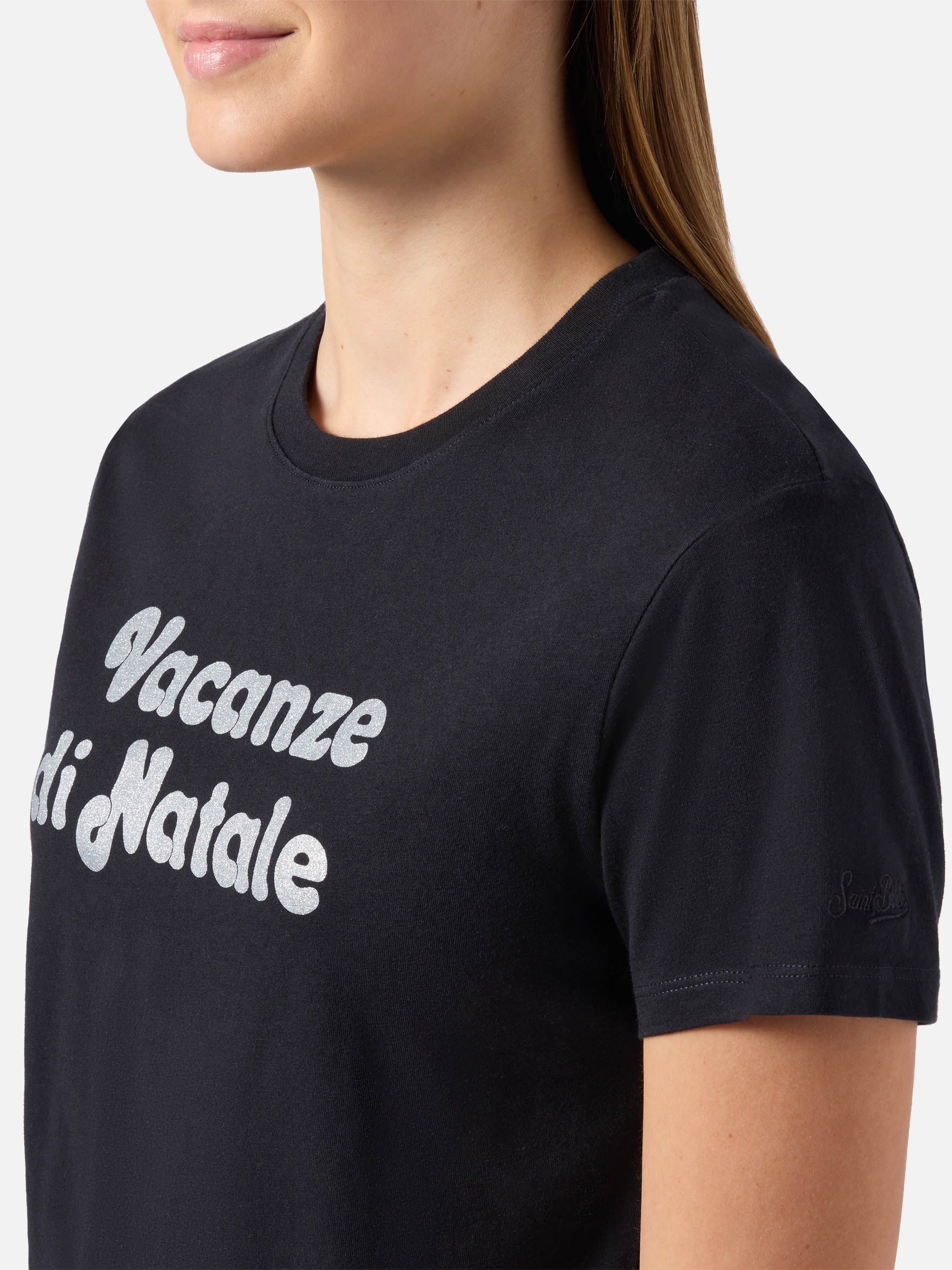 Emilie cotton T-shirt in black with Vacanze di Natale glitter print | VACANZE DI NATALE SPECIAL EDITION - Image 2