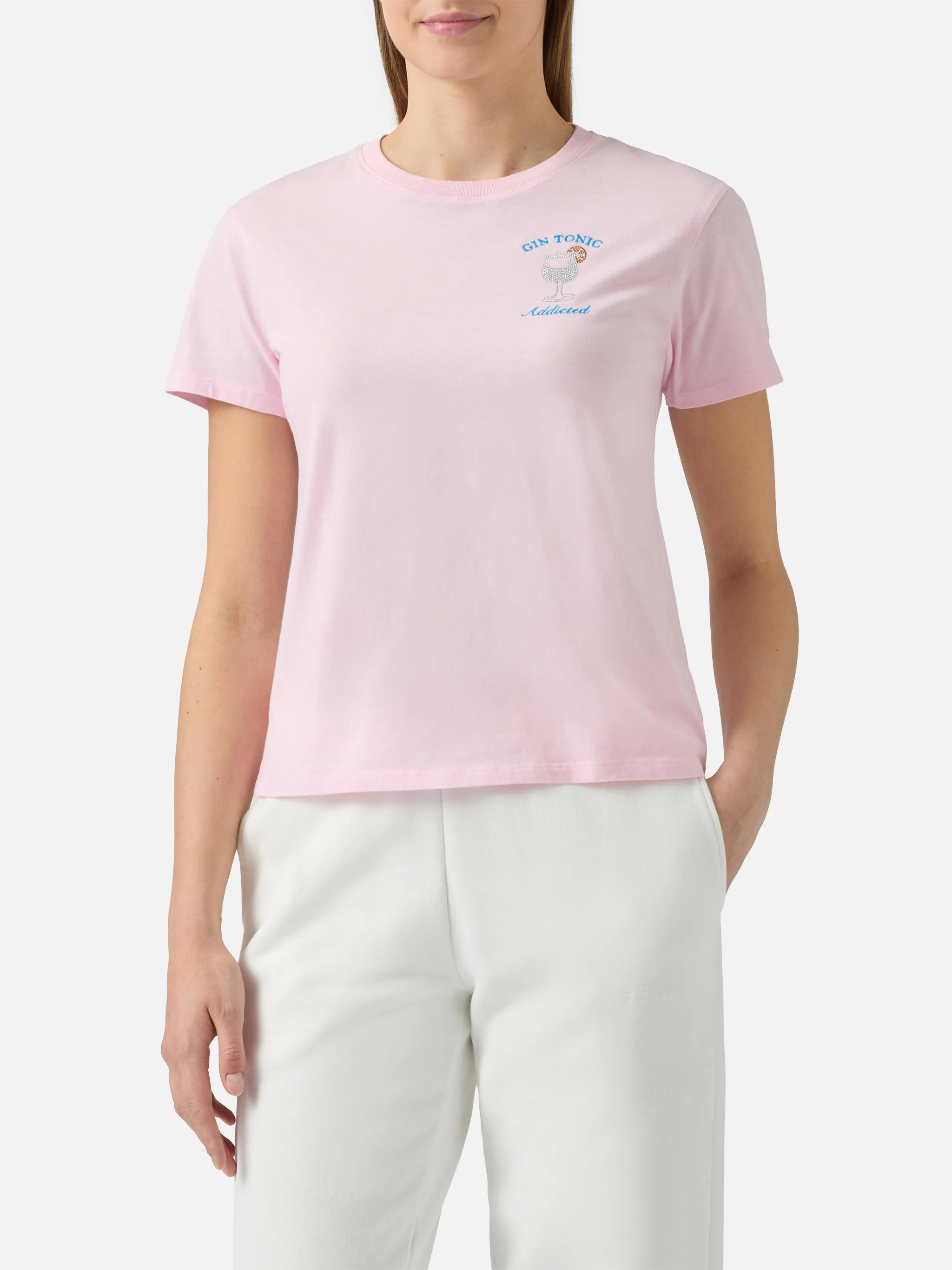 Emilie cotton T-shirt in pink with Gin Tonic addicted rhinestone appliqué - Image 2