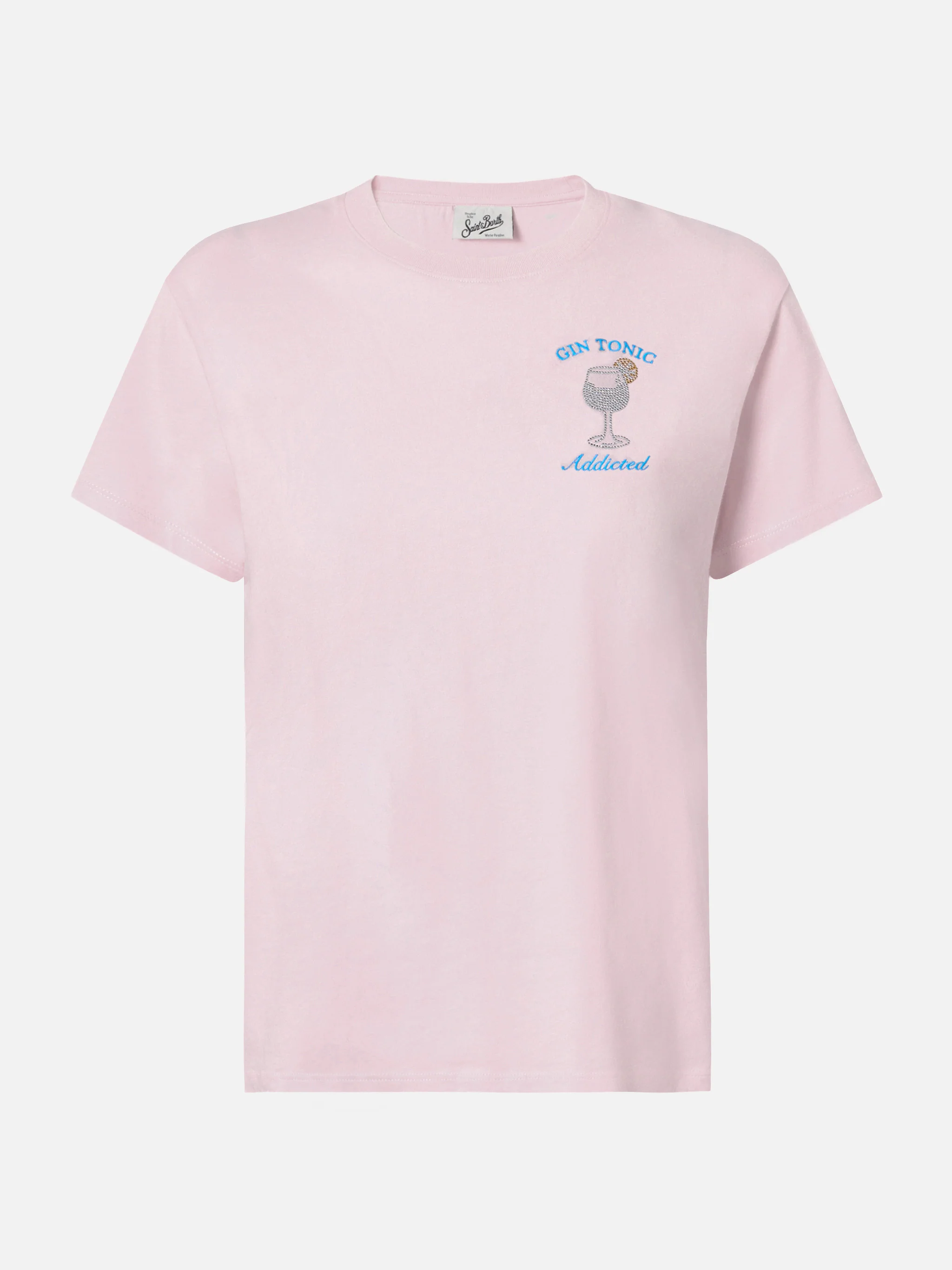 Emilie cotton T-shirt in pink with Gin Tonic addicted rhinestone appliqué - Image 4