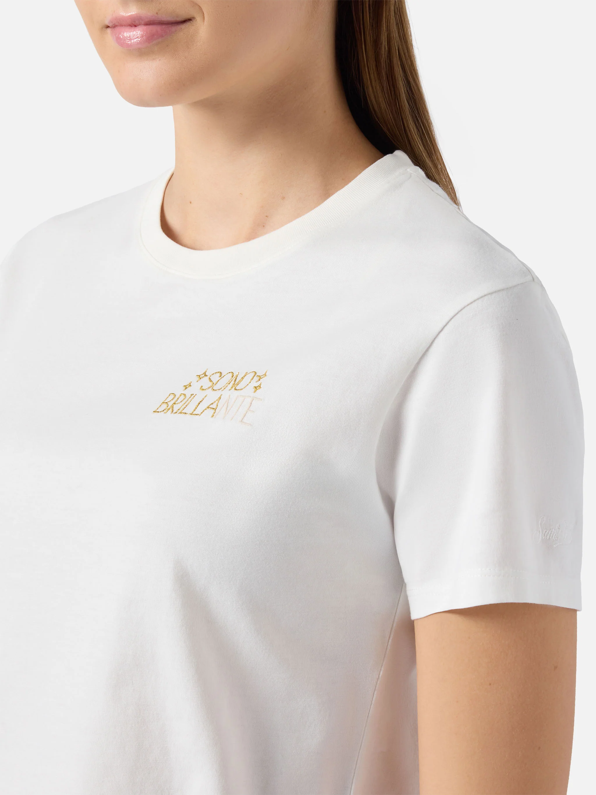Emilie cotton T-shirt in white with Sono Brillante lurex embroidery - Image 2