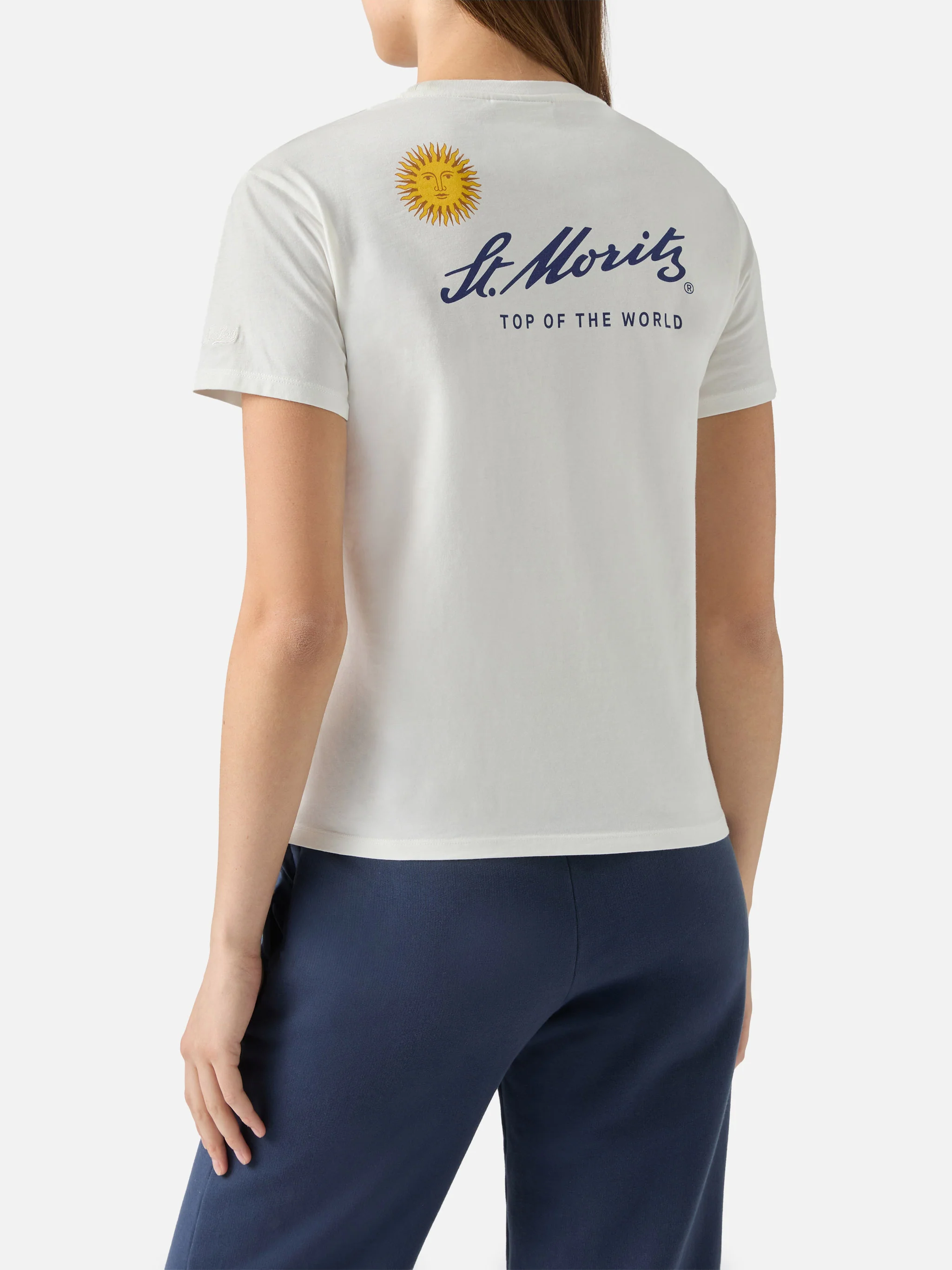 Emilie cotton T-shirt in white with St. Moritz print | ST. MORITZ TOP OF THE WORLD SPECIAL EDITION