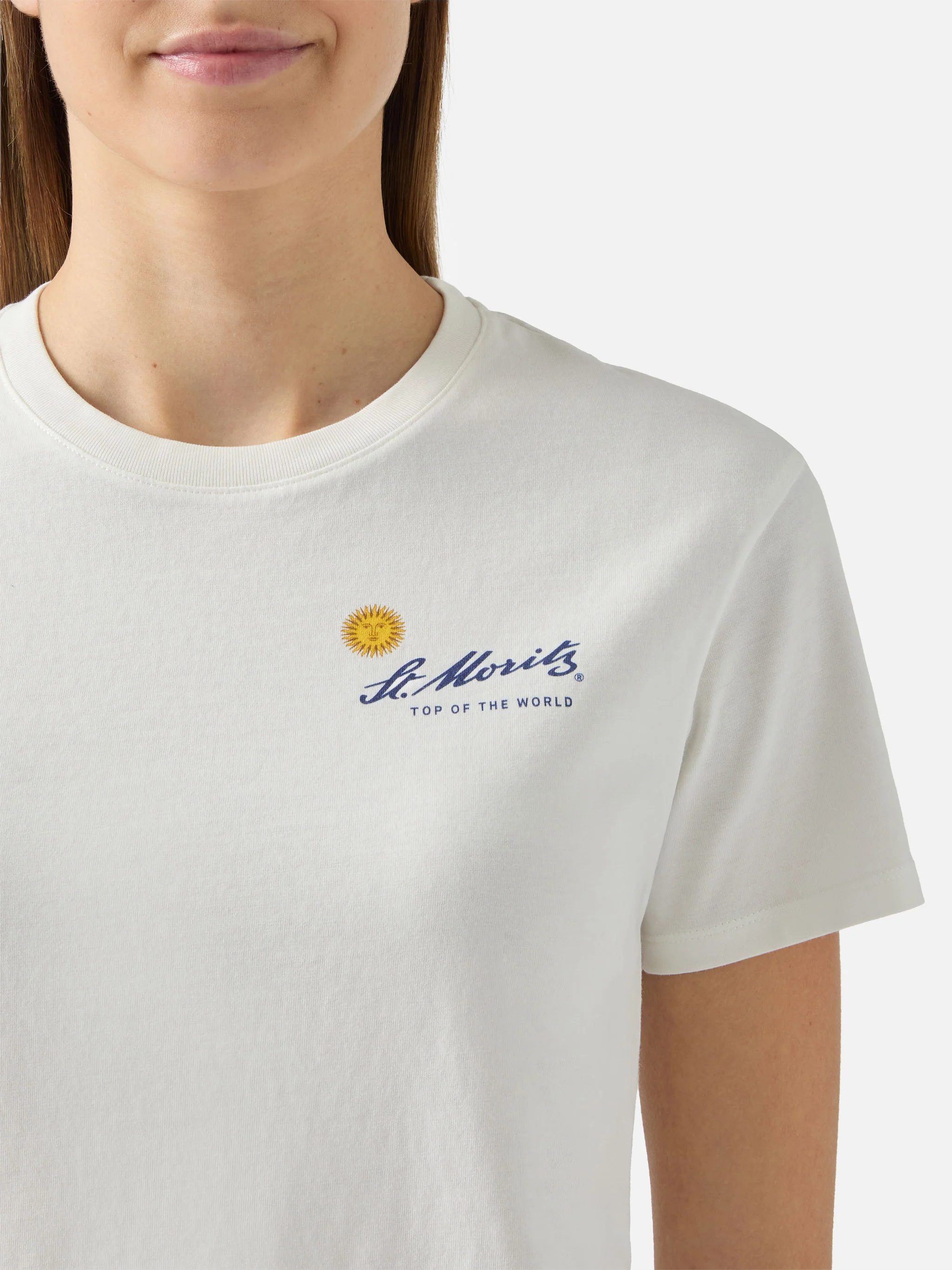 Emilie cotton T-shirt in white with St. Moritz print | ST. MORITZ TOP OF THE WORLD SPECIAL EDITION - Image 2