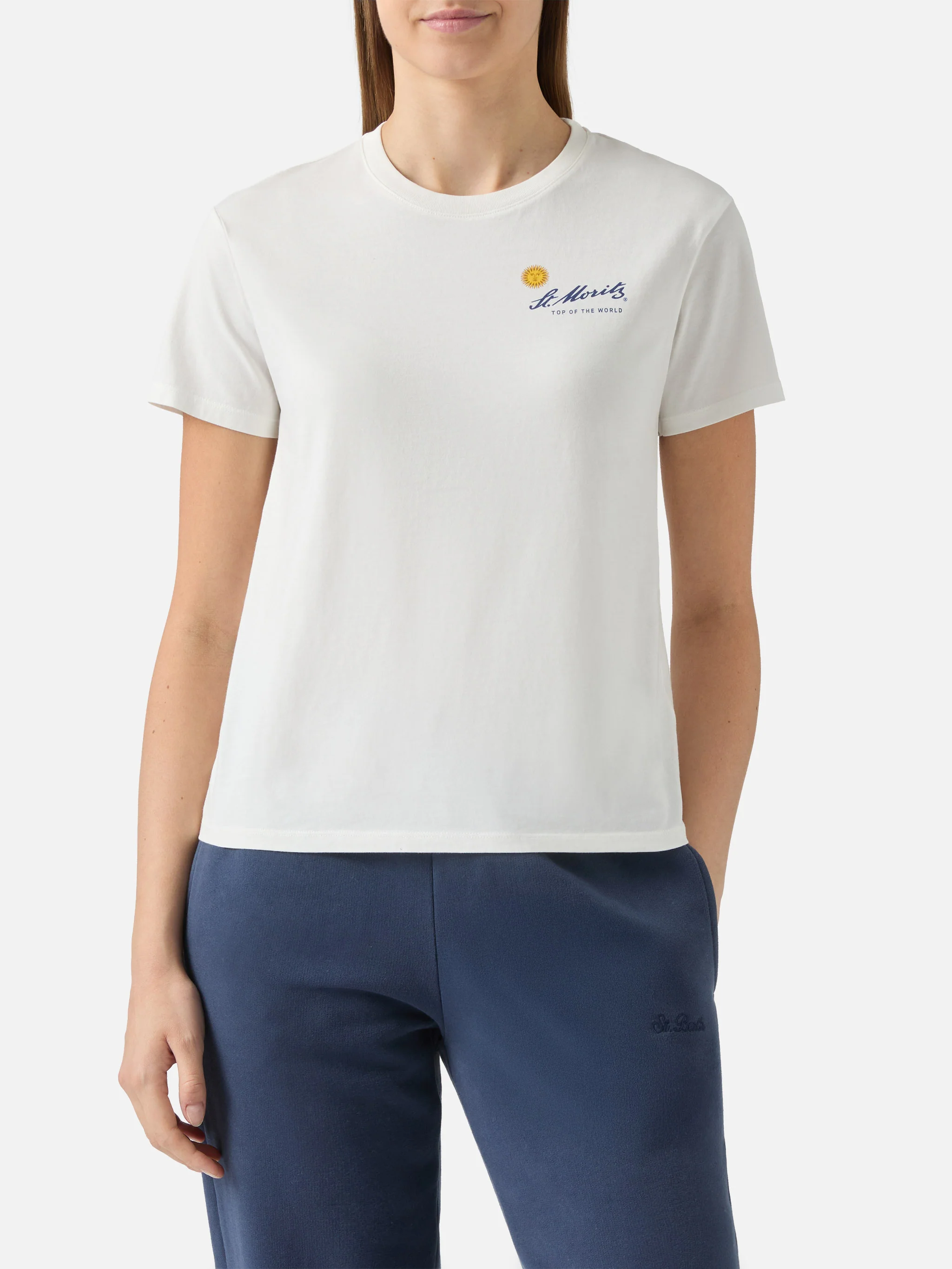 Emilie cotton T-shirt in white with St. Moritz print | ST. MORITZ TOP OF THE WORLD SPECIAL EDITION - Image 3