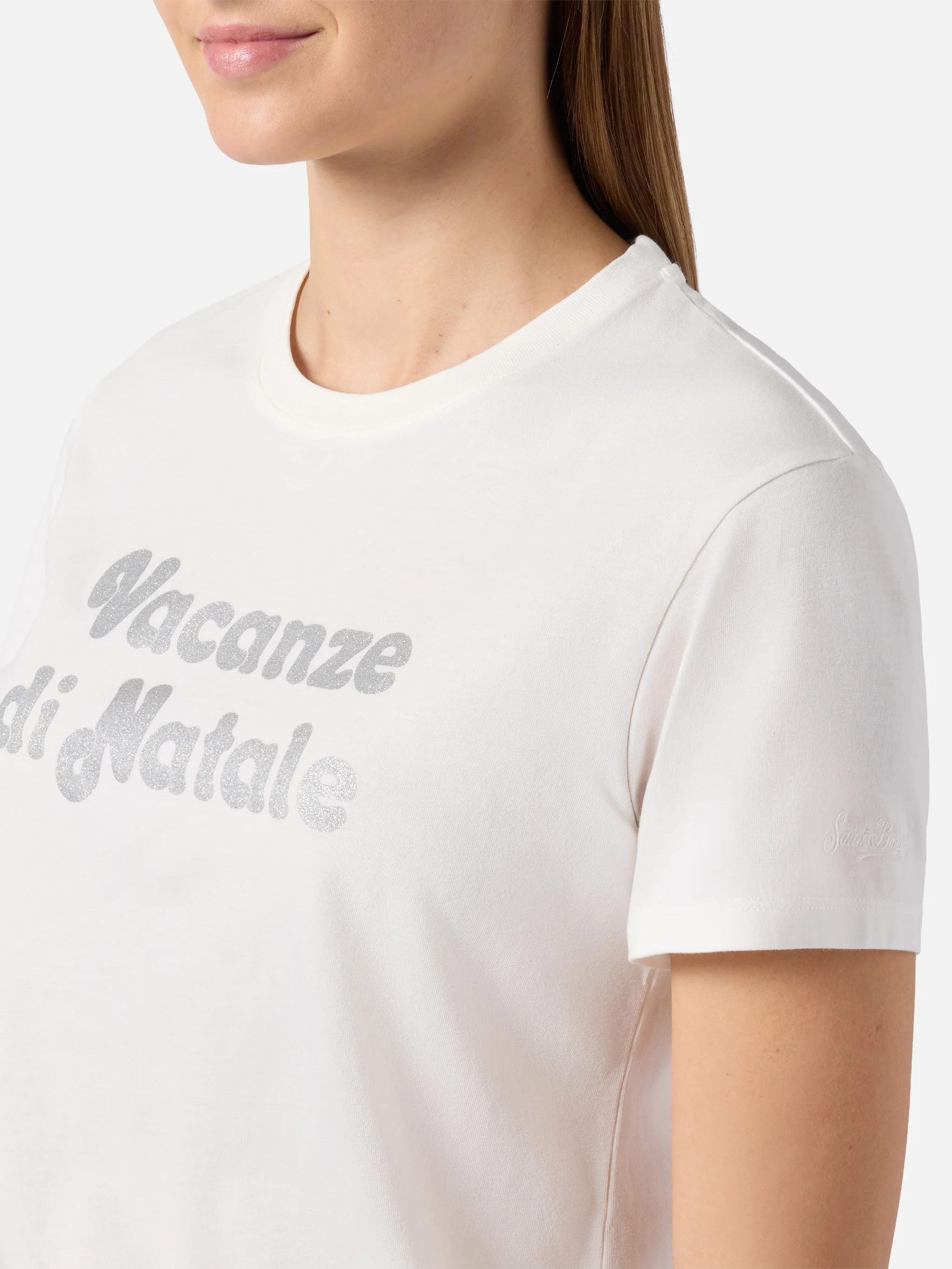 Emilie cotton T-shirt in white with Vacanze di Natale silver glitter print | VACANZE DI NATALE SPECIAL EDITION - Image 2