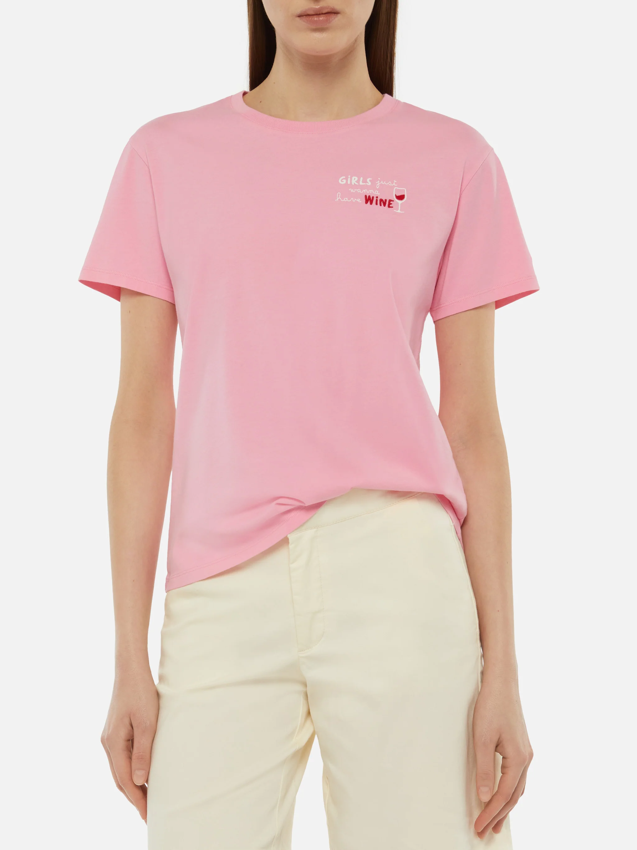 Emilie cotton t-shirt with Girls just wanna have wine embroidery - Image 2