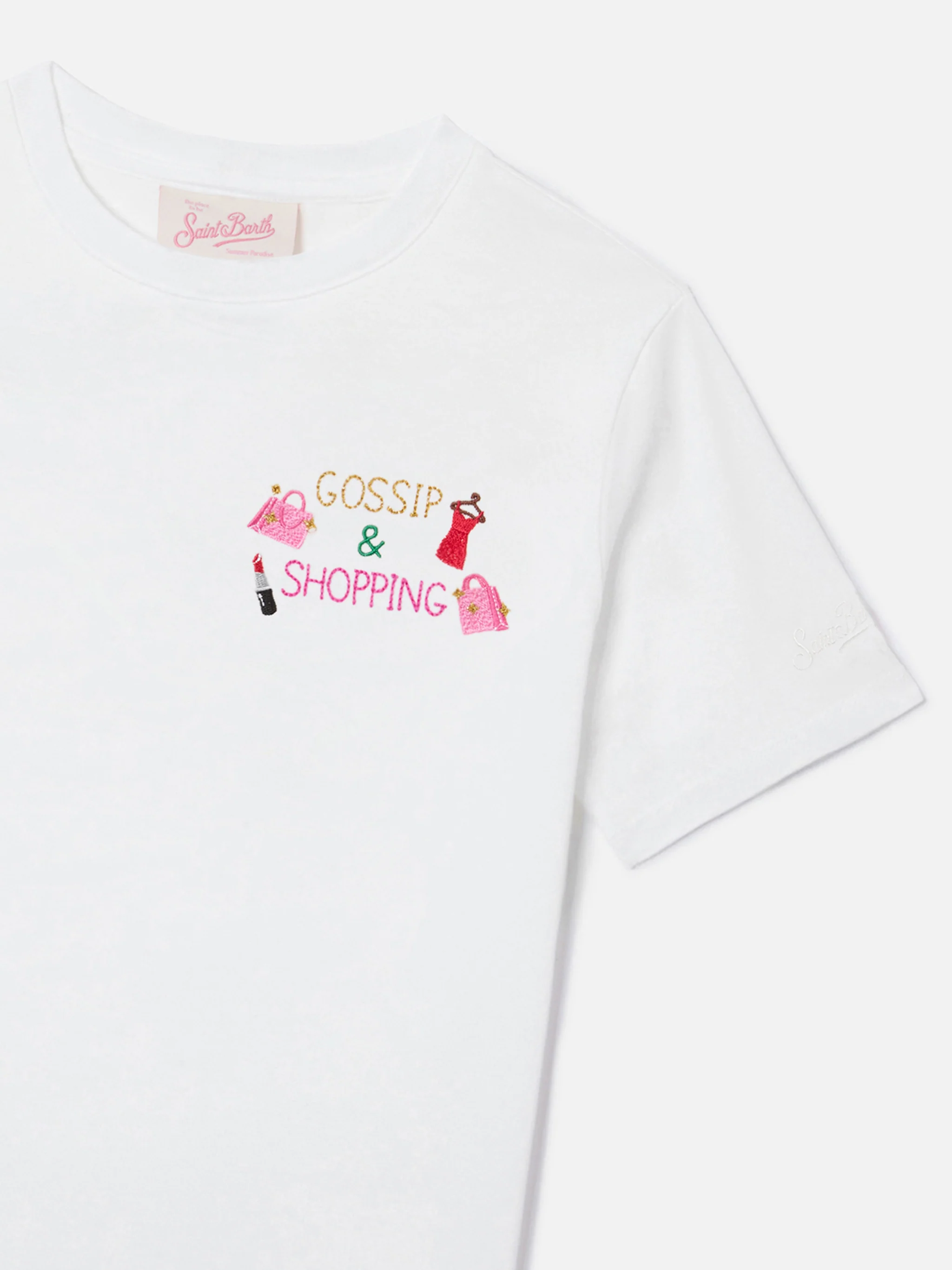 Emilie Jr T-shirt in white cotton with Gossip and Shopping embroidery - Image 2