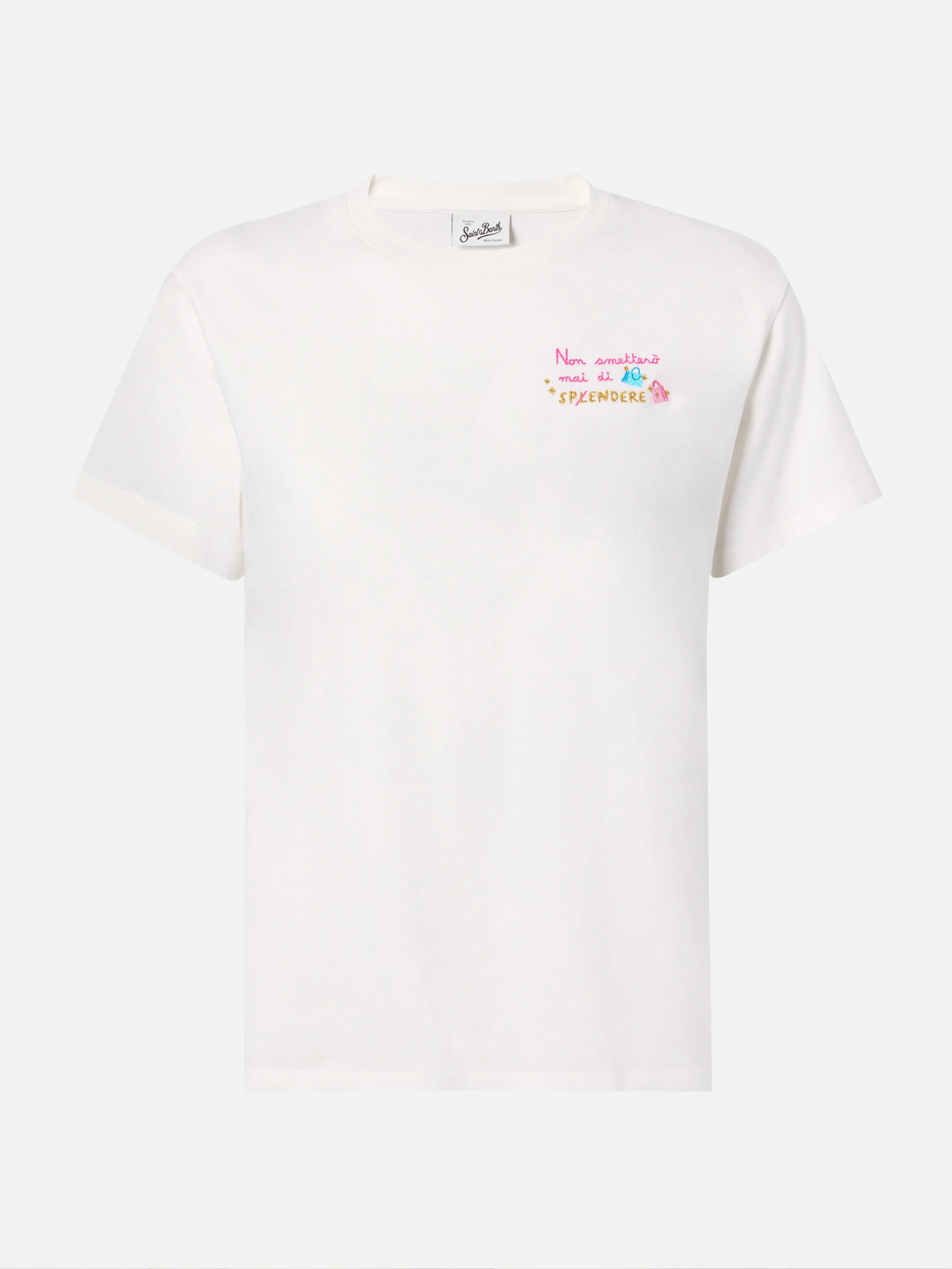 Emilie organic cotton T-shirt in white with Non smetterò mai di Sp(l)endere embroidery - Image 4
