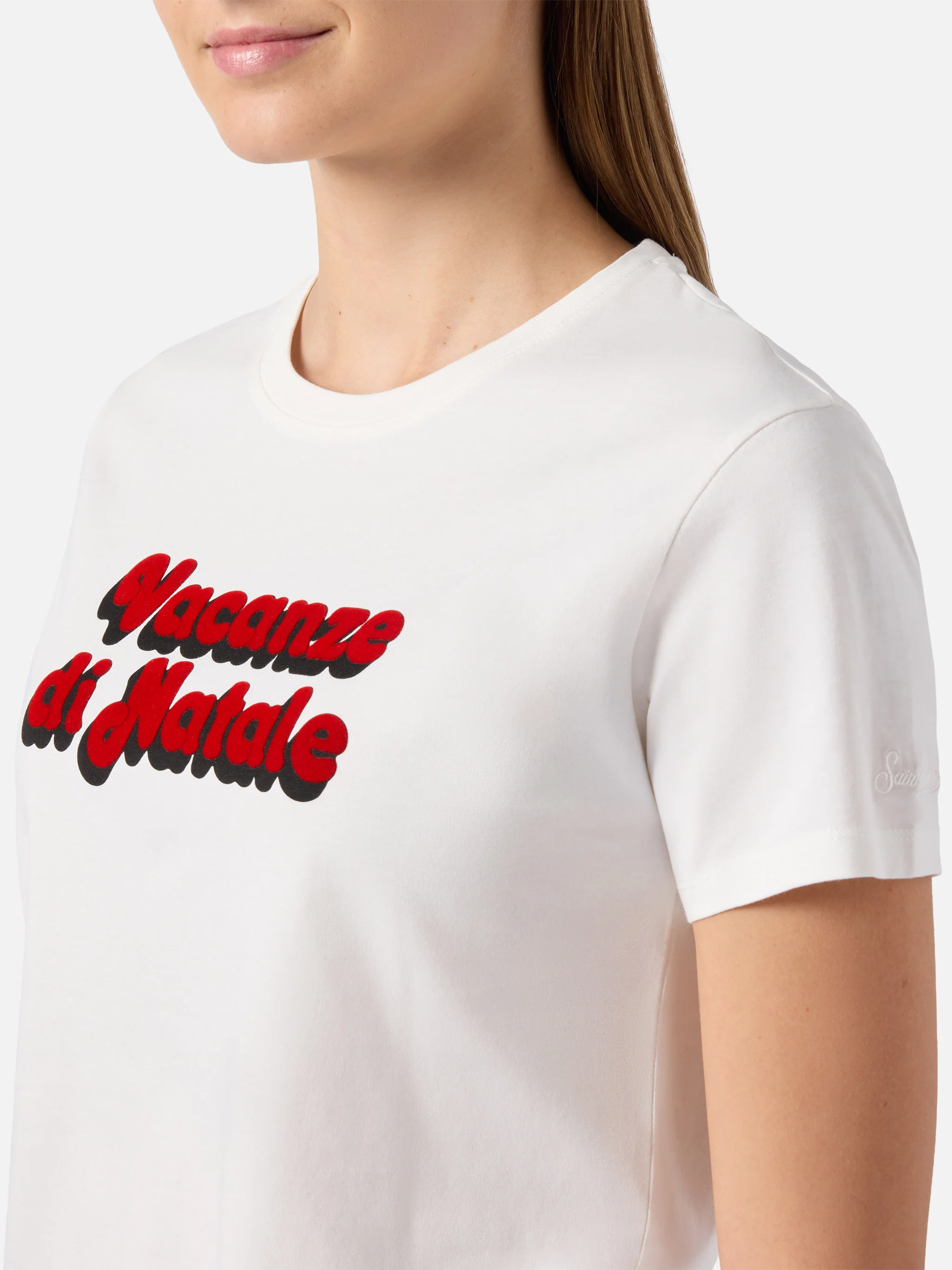 Emilie organic cotton T-shirt in white with Vacanze di Natale flock print | VACANZE DI NATALE SPECIAL EDITION - Image 2