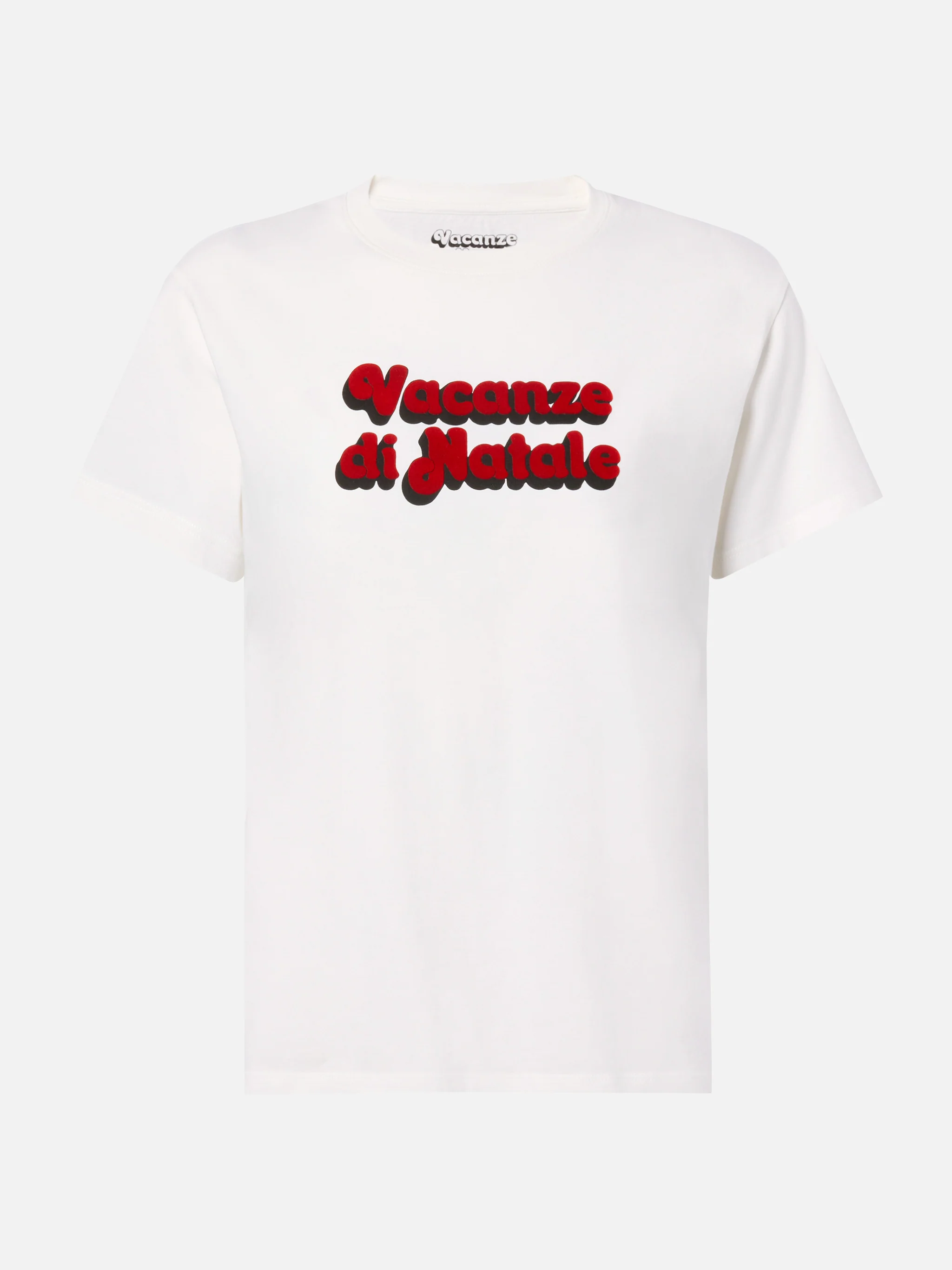 Emilie organic cotton T-shirt in white with Vacanze di Natale flock print | VACANZE DI NATALE SPECIAL EDITION - Image 4