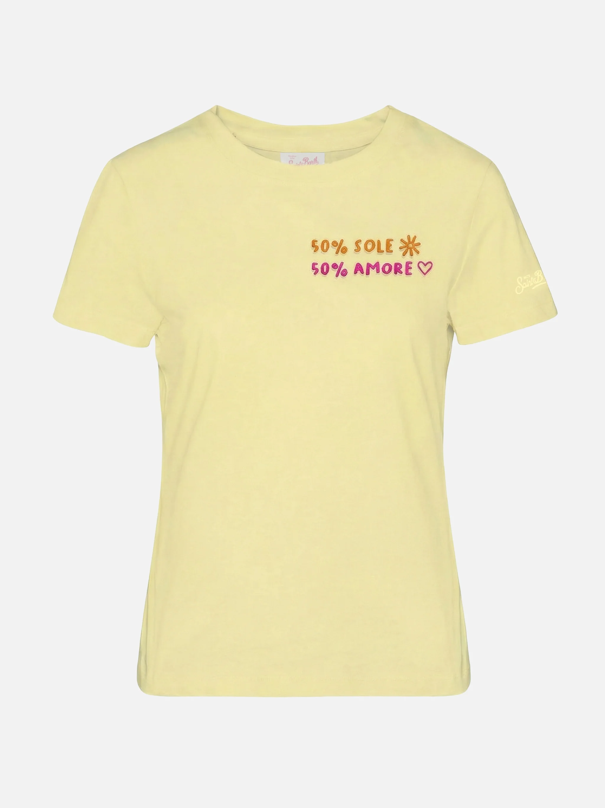 Emilie yellow cotton T-shirt with 50% Sole 50% Amore embroidery - Image 3